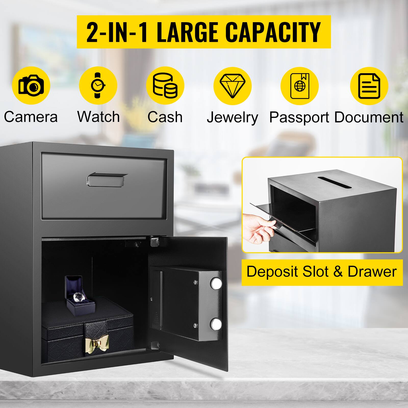 2-IN-1 LARGE CAPACITY

Deposit Slot & Drawer

Camera
Watch
Cash
Jewelry
Passport Document