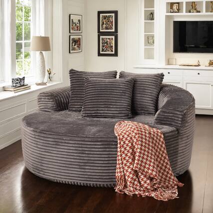 Front. Ovios - 58" Oversized Round Chair Chaise Lounge, Plush Corduroy Fluffy Modern Sleeper Sofa Bed - Grey.