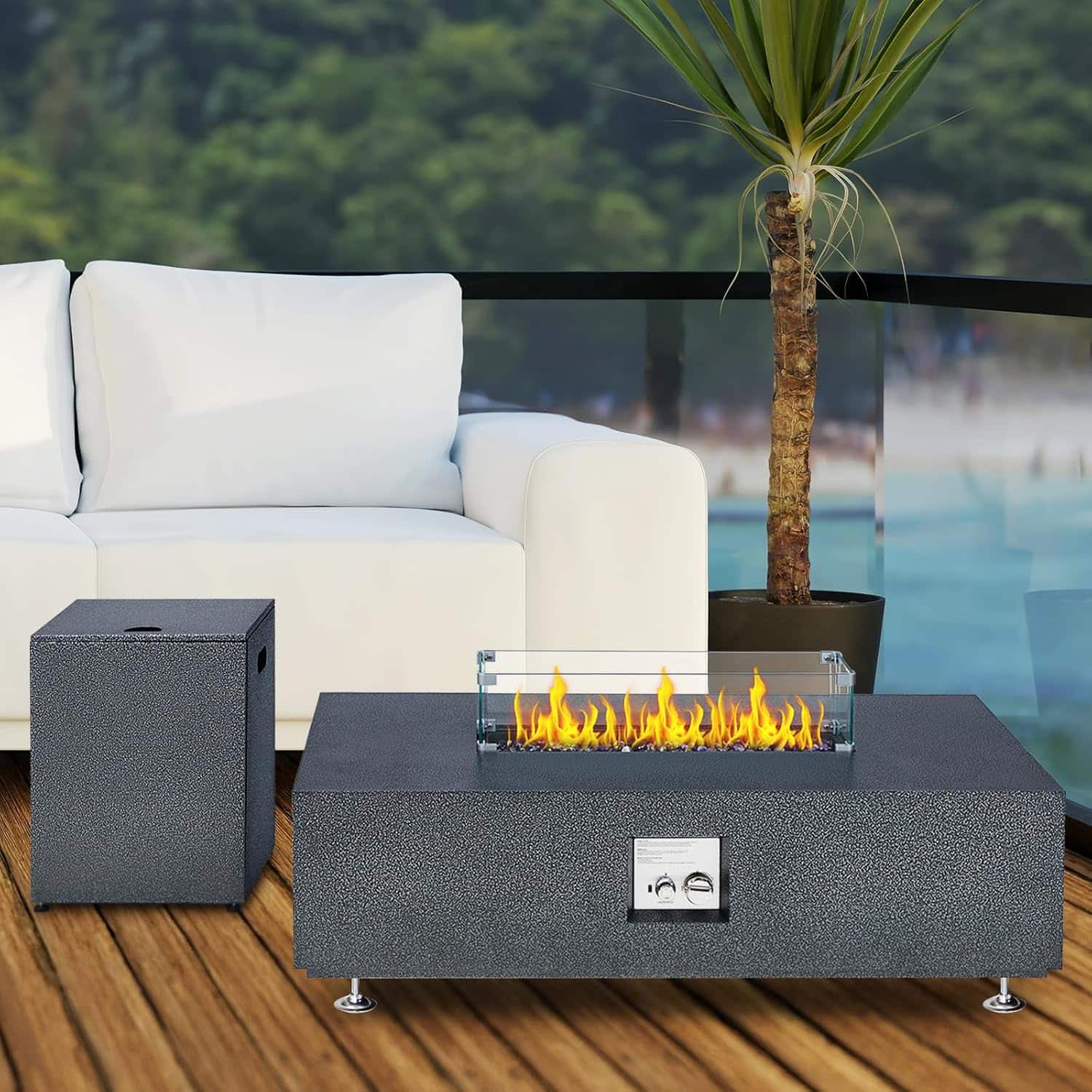 Qeetex - 48" Outdoor Propane Fire Pit Table Set, 50,000 BTU with Fire Glass, Wind Guard & Tank Side Table