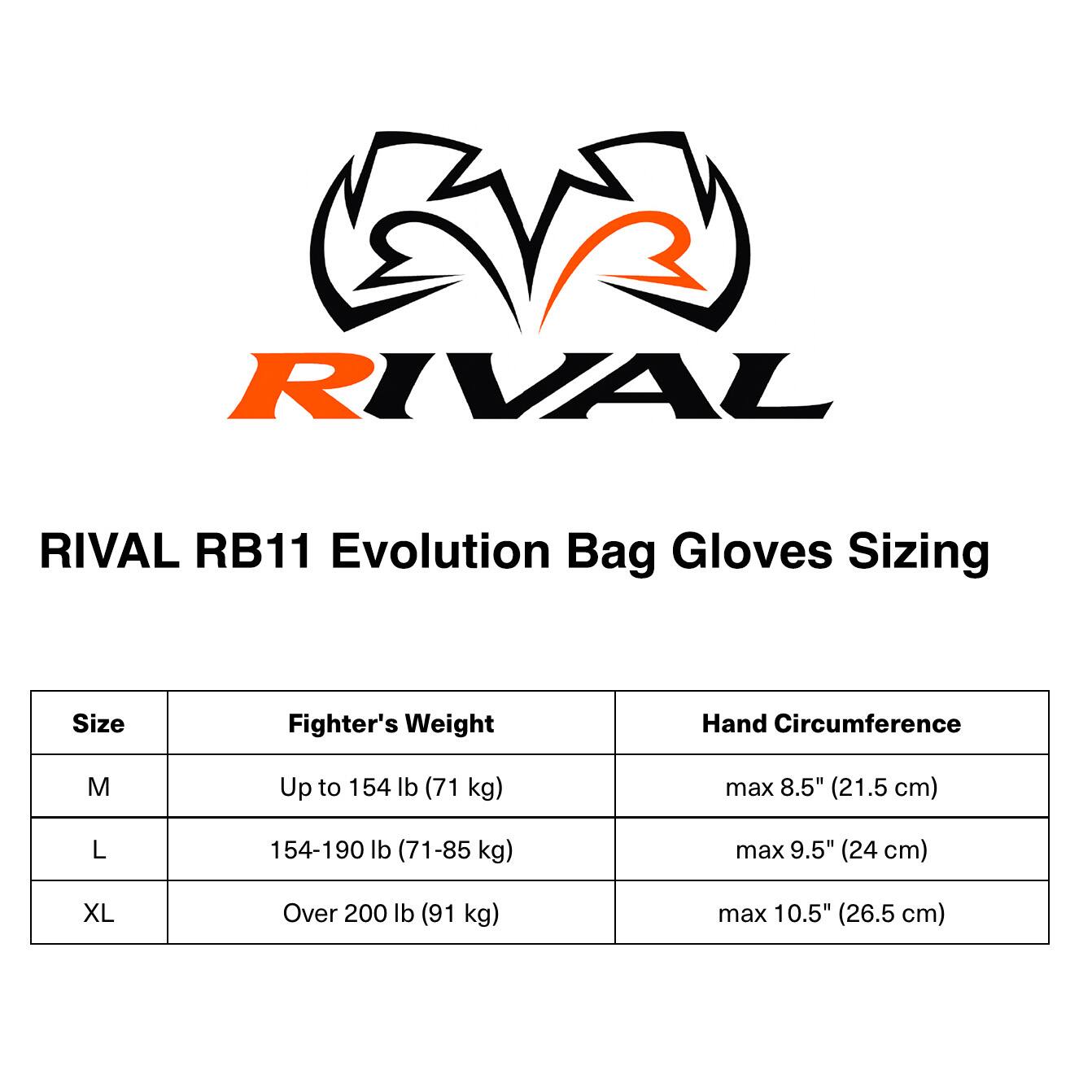 RIVAL RB11 Evolution Bag Gloves Sizing

| Size | Fighter's Weight | Hand Circumference |
|------|-----------------|-------------------|
| M    | Up to 154 lb (71 kg) | max 8.5" (21.5 cm) |
| L    | 154-190 lb (71-85 kg) | max 9.5" (24 cm) |
| XL   | Over 200 lb (91 kg) | max 10.5" (26.5 cm) |