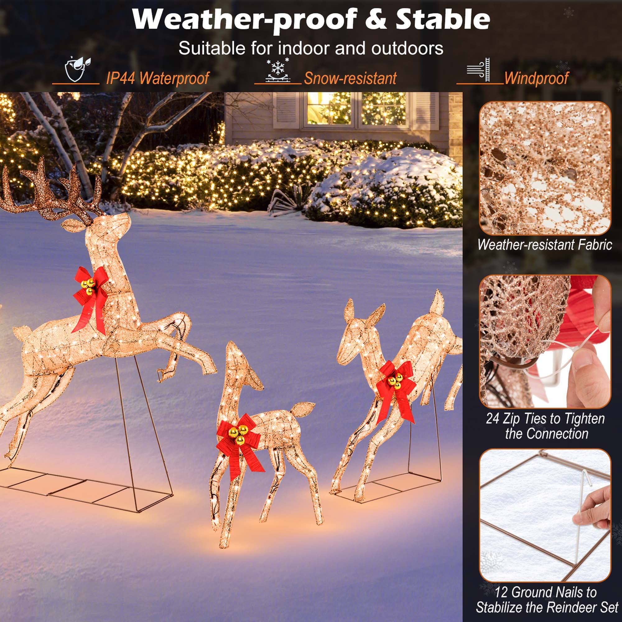Weather-proof & Stable Suitable for indoor and outdoors IP44 Waterproof Snow-resistant Windproof Weather-resistant Fabric 24 Zip Ties to Tighten the Connection 12 Ground Nails to Stabilize the Reindeer Set
