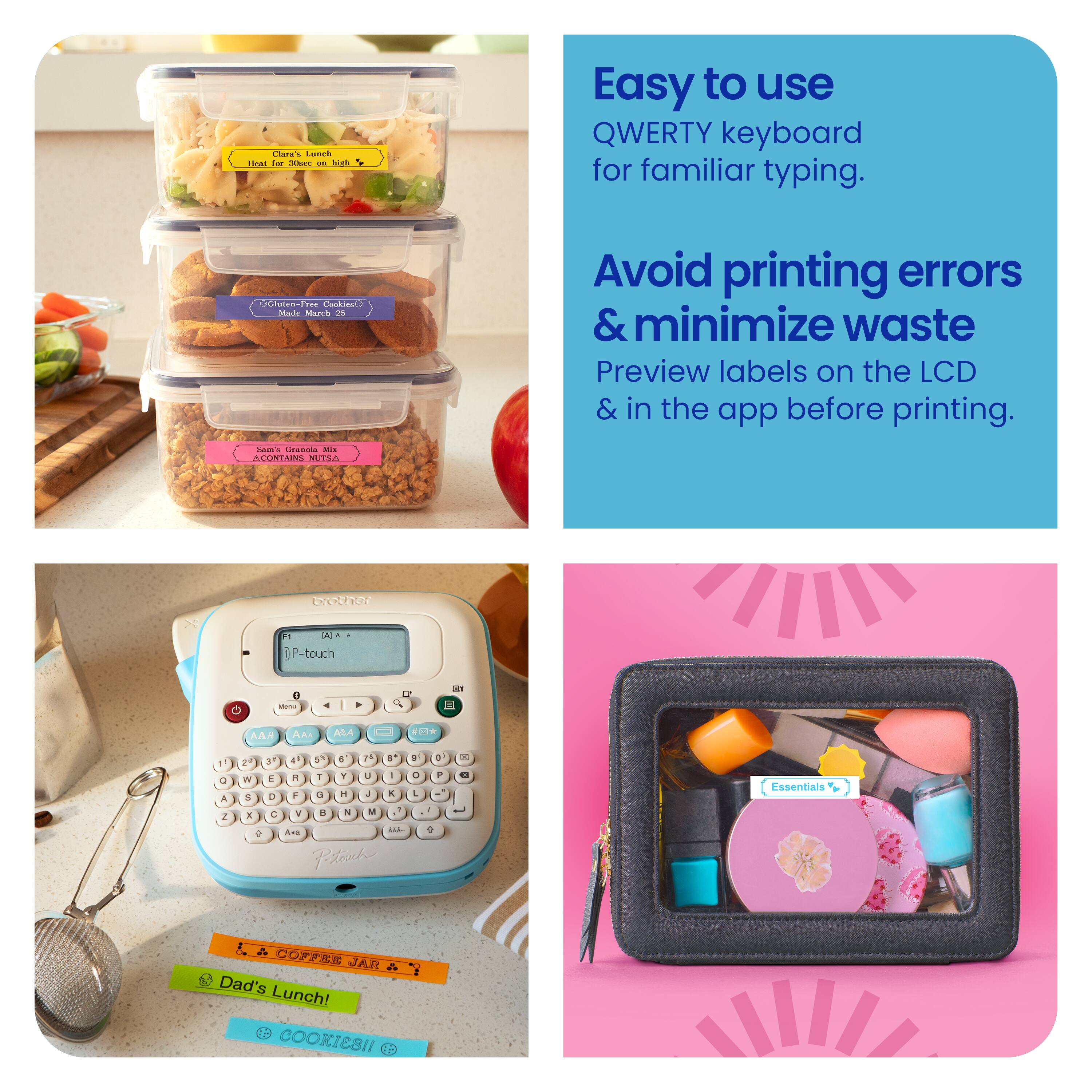 The image features a collection of items, including a keyboard, a lunch box, and a handbag. The text on the image describes the keyboard as "Easy to use QWERTY keyboard for familiar typing." The lunch box is labeled "Dad's Lunch!" and the handbag is described as "Essentiale." The image also includes a reference to a P-touch label maker, which is a tool for creating labels and can help minimize waste by allowing users to preview labels on the LCD and in the app before printing.