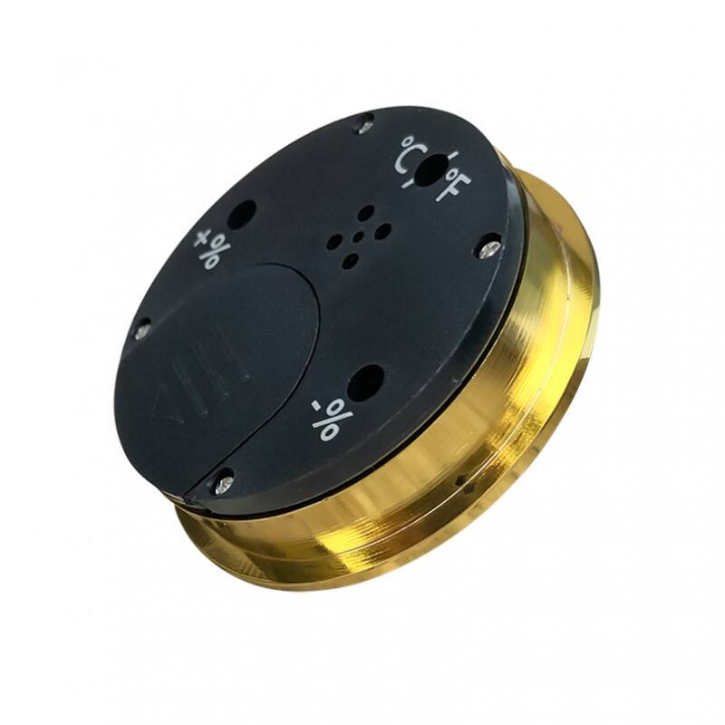 Left. Prestige - Small Digital Hygrometer with Calibration (Gold) - Polished Gold Bezel.