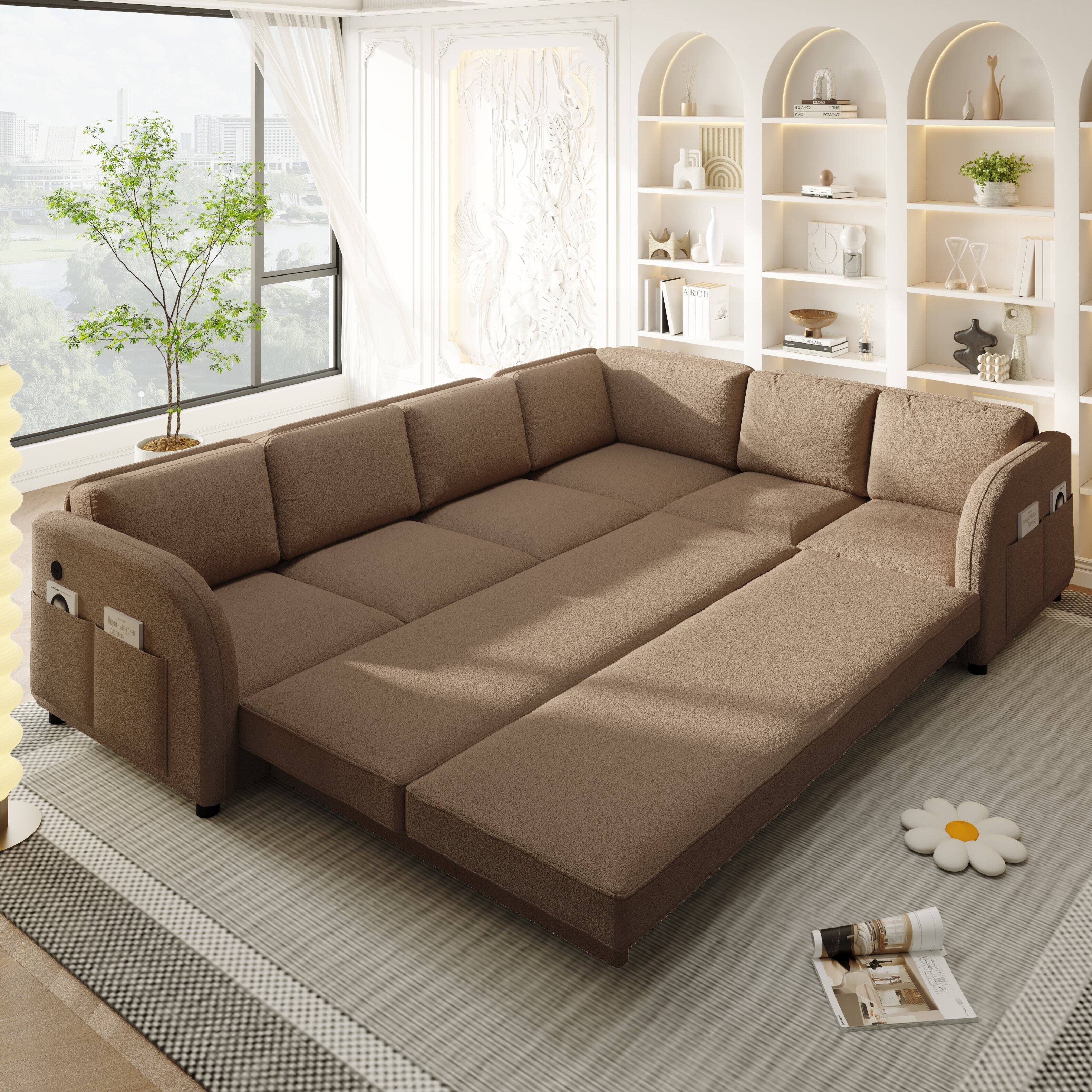 Left. Anysun - 115.2" L-Shaped Sofa w Pull-Out Bed, USB & Pocket, Sherpa Fleece, L/R Facing - Brown.