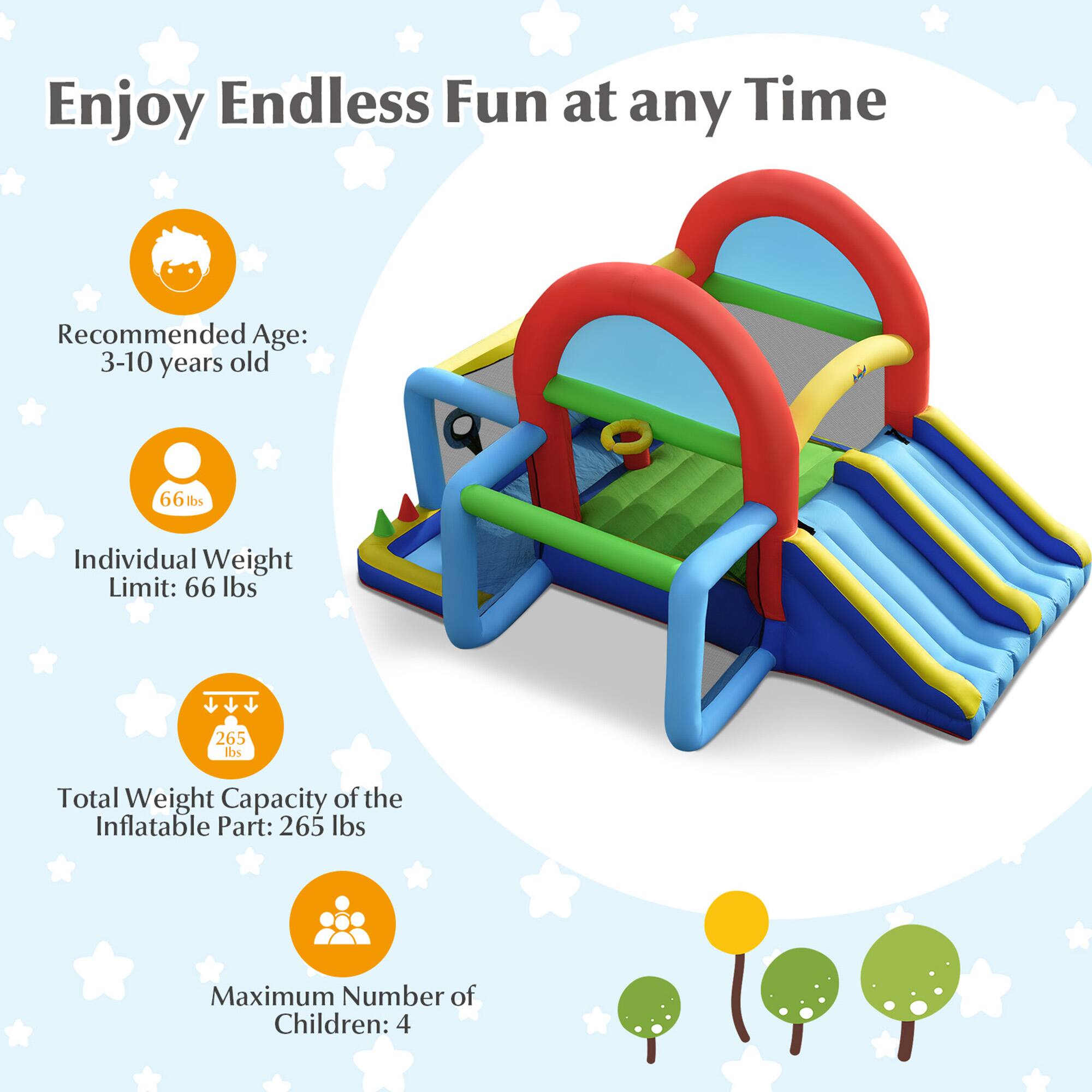 Enjoy Endless Fun at any Time

Recommended Age: 3-10 years old

Individual Weight Limit: 66 lbs

Total Weight Capacity of the Inflatable Part: 265 lbs

Maximum Number of Children: 4