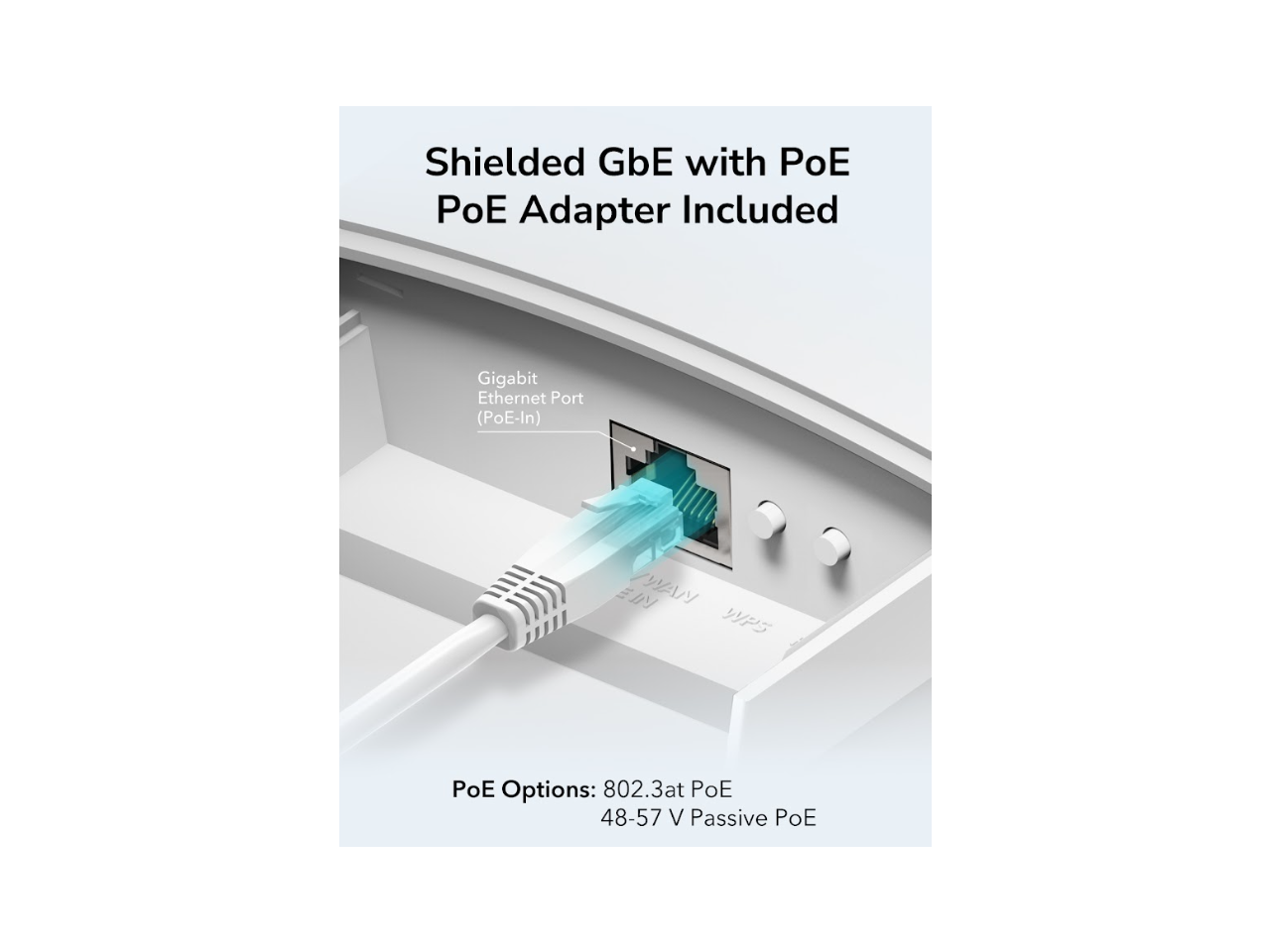 Shielded GbE with PoE  
PoE Adapter Included  

Gigabit Ethernet Port (PoE-In)  

PoE Options:  
802.3at PoE  
48-57 V Passive PoE