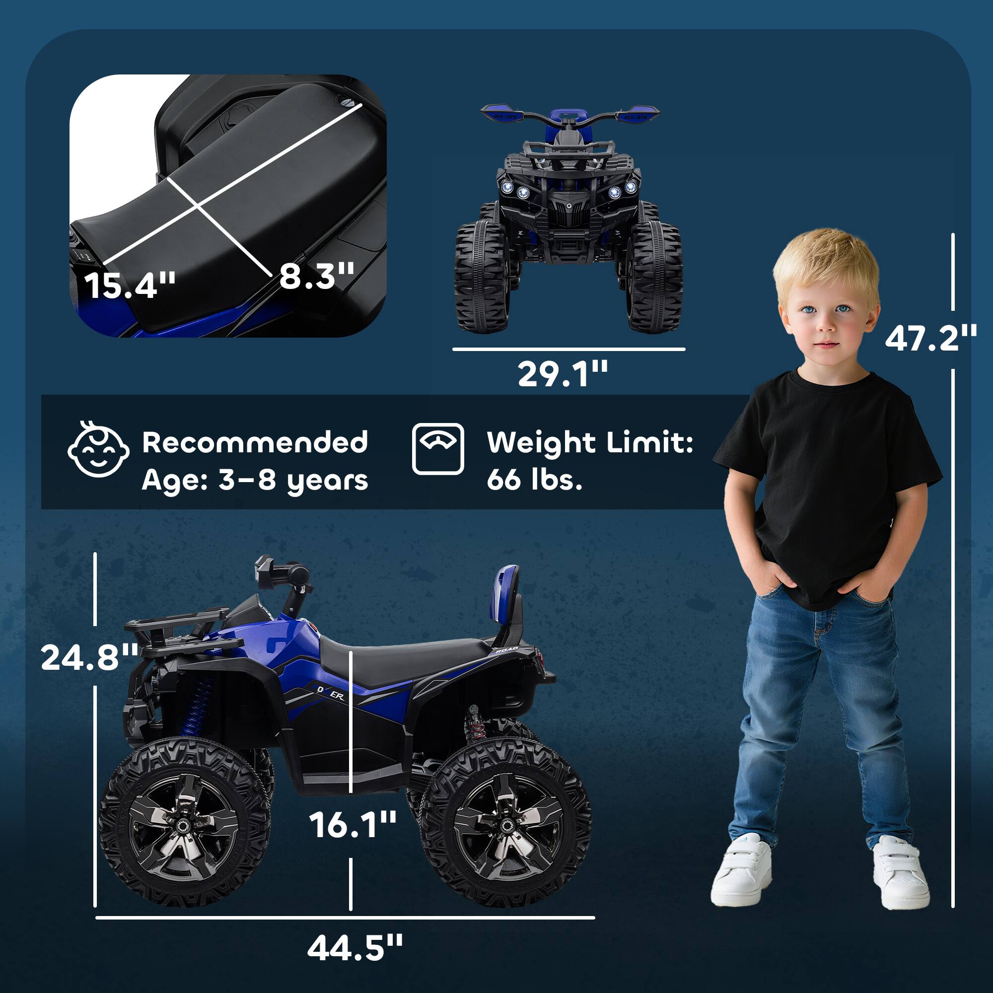 U-27

as.ar

15.4"
8.3"
29.1"
47.2"
Recommended Age: 3-8 years
Weight Limit: 66 lbs.
24.8'
16.1"
44.5"
