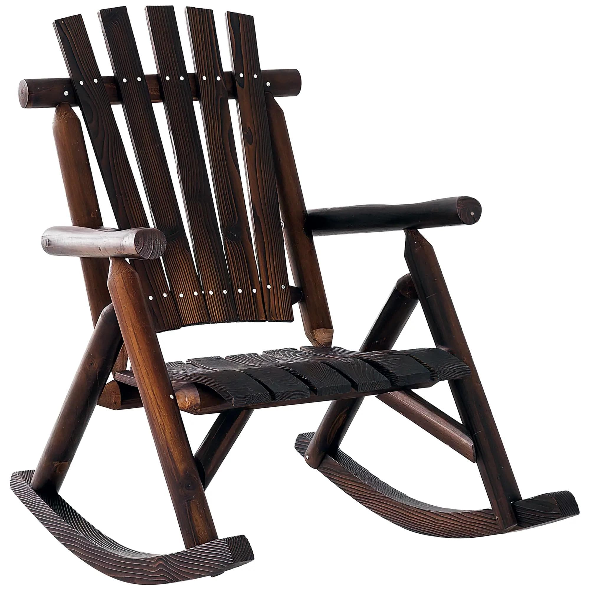 Resenkos - Wooden Adirondack Rocker, Single Person with Slatted Seat, High Back & Armrests - Carbonized