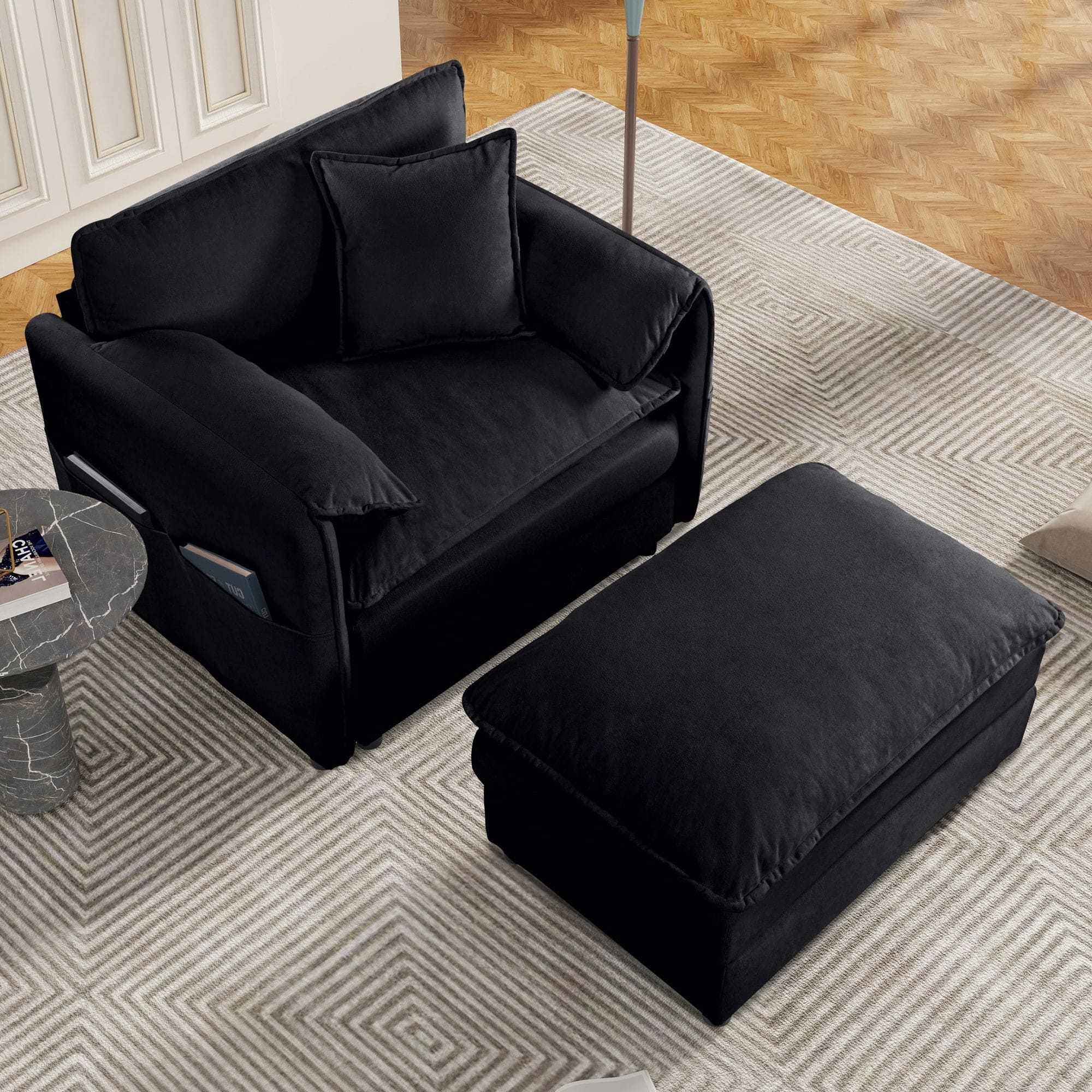 Boyel Living - Modern Minimalist Black Chenille Sofa with Side Storage Pockets 2-Seat - Black