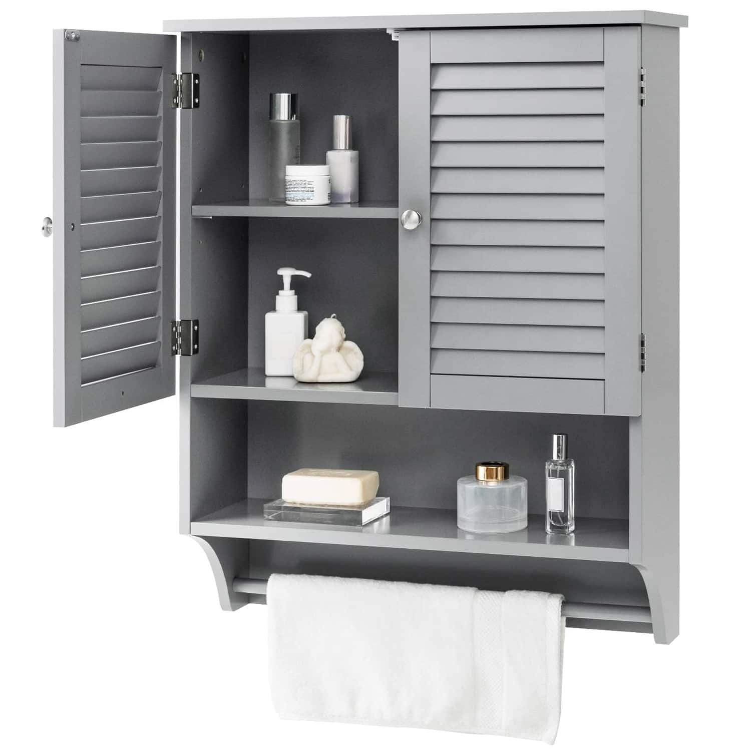 SlickBlue - Bathroom Medicine Cabinet with Towel Bar and Louvered Doors, Wall-Mount Design - Gray