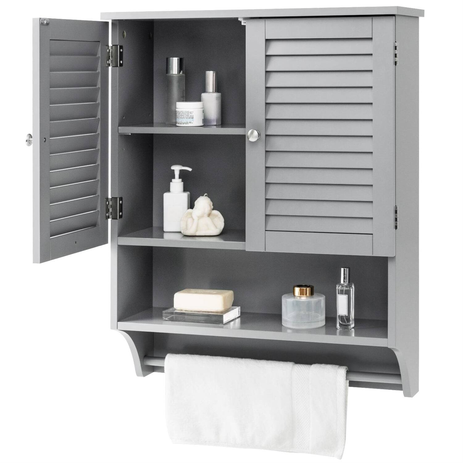 Front. Hivvago - Grey Wall-Mounted Bathroom Medicine Cabinet with Louver Doors and Towel Bar - Grey.