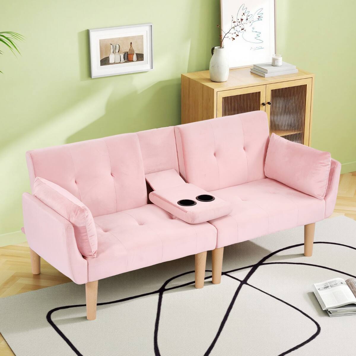 Left. Ropilly - Ropilly Pink Velvet Loveseat Foldable Sofa, 72 Inch Upholstered Couch for Small Living Room Apartment - Pink.