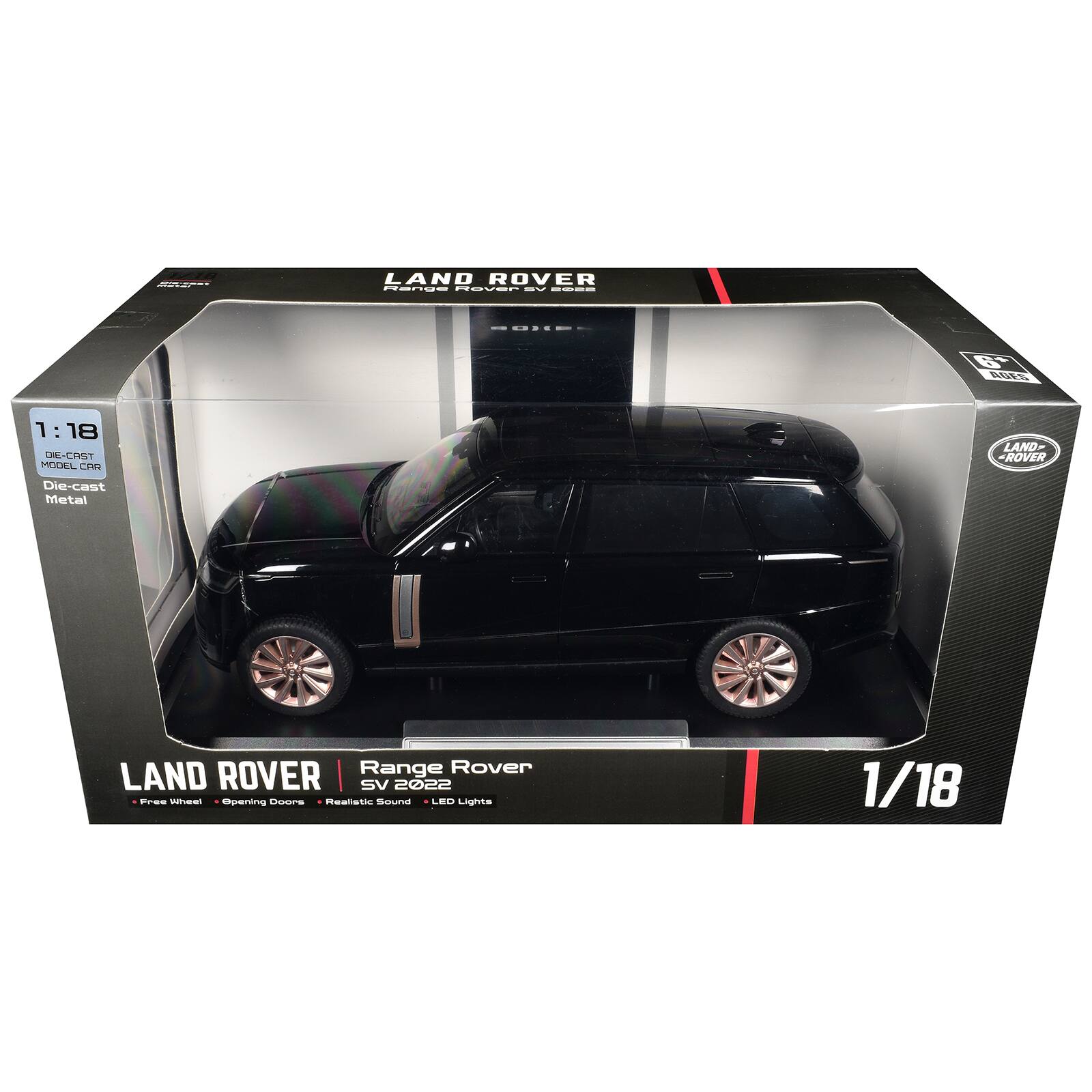 CAFE  
LAND ROVER Range Rover SV  
BOXEL  
6+ AGES  
1:18 DIE-CAST MODEL CAR Die-cast Metal  
LAND ROVER  
Range Rover LAND ROVER SV 2022 Free Wheel Opening Doors Realistic Sound LED Lights  
1/18