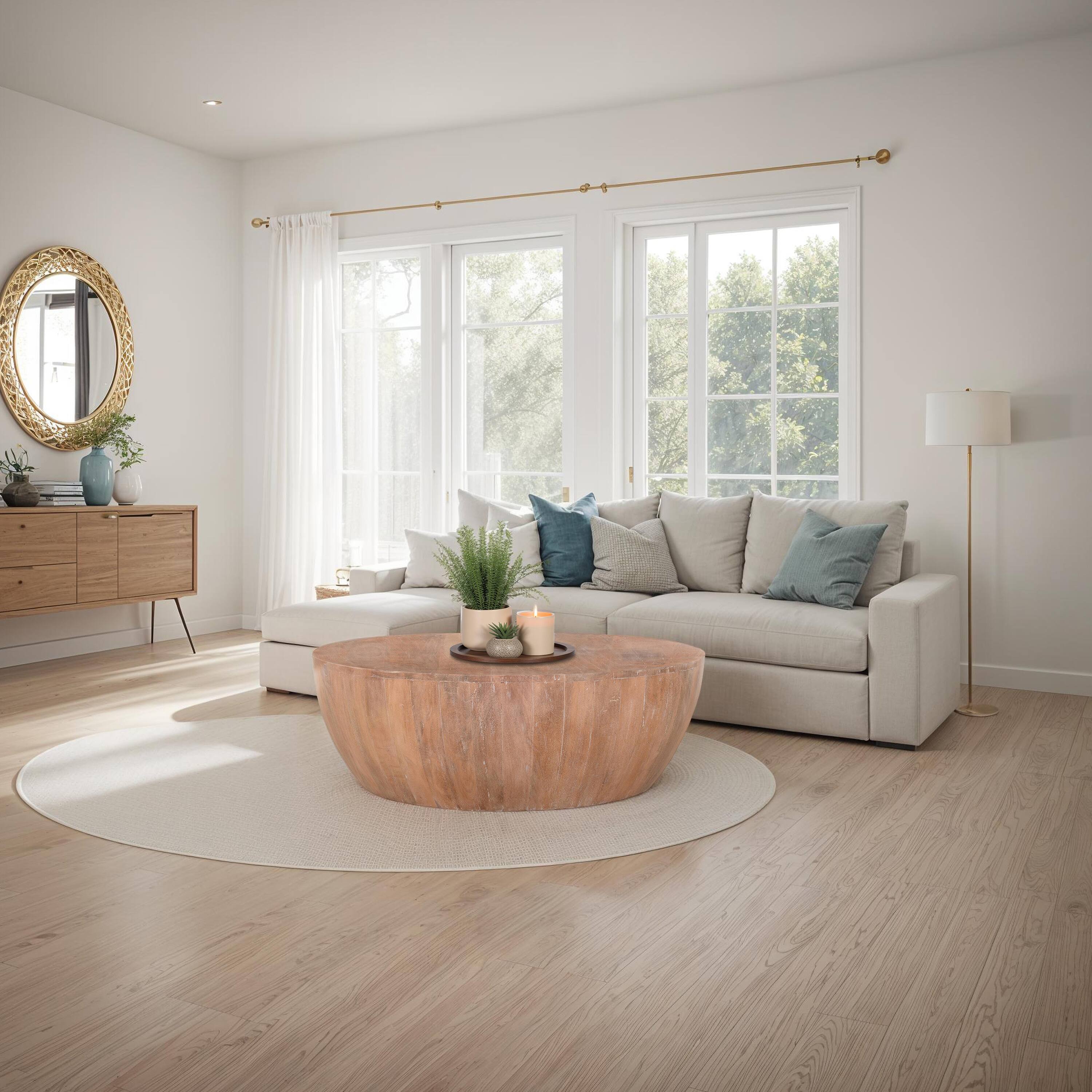 Alt View 9. Manhattan Lane - Arthur Drum Shape Wooden 35.5 Inch Coffee Table with Plank Design Base - Brown.