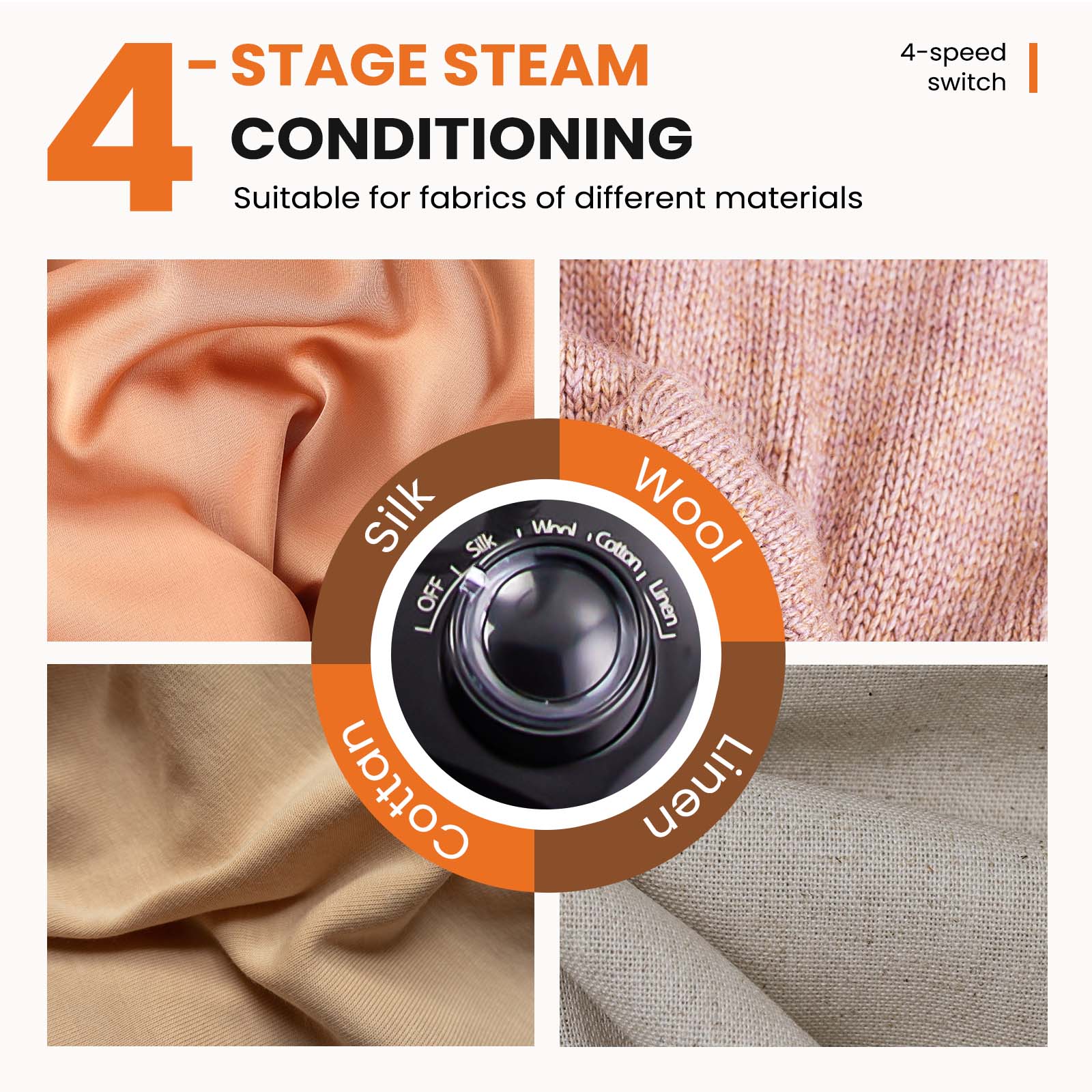 - STAGE STEAM 4-speed switch  
4 CONDITIONING  
Suitable for fabrics of different materials  
Silk  
Wool  
Linen  
Cotton