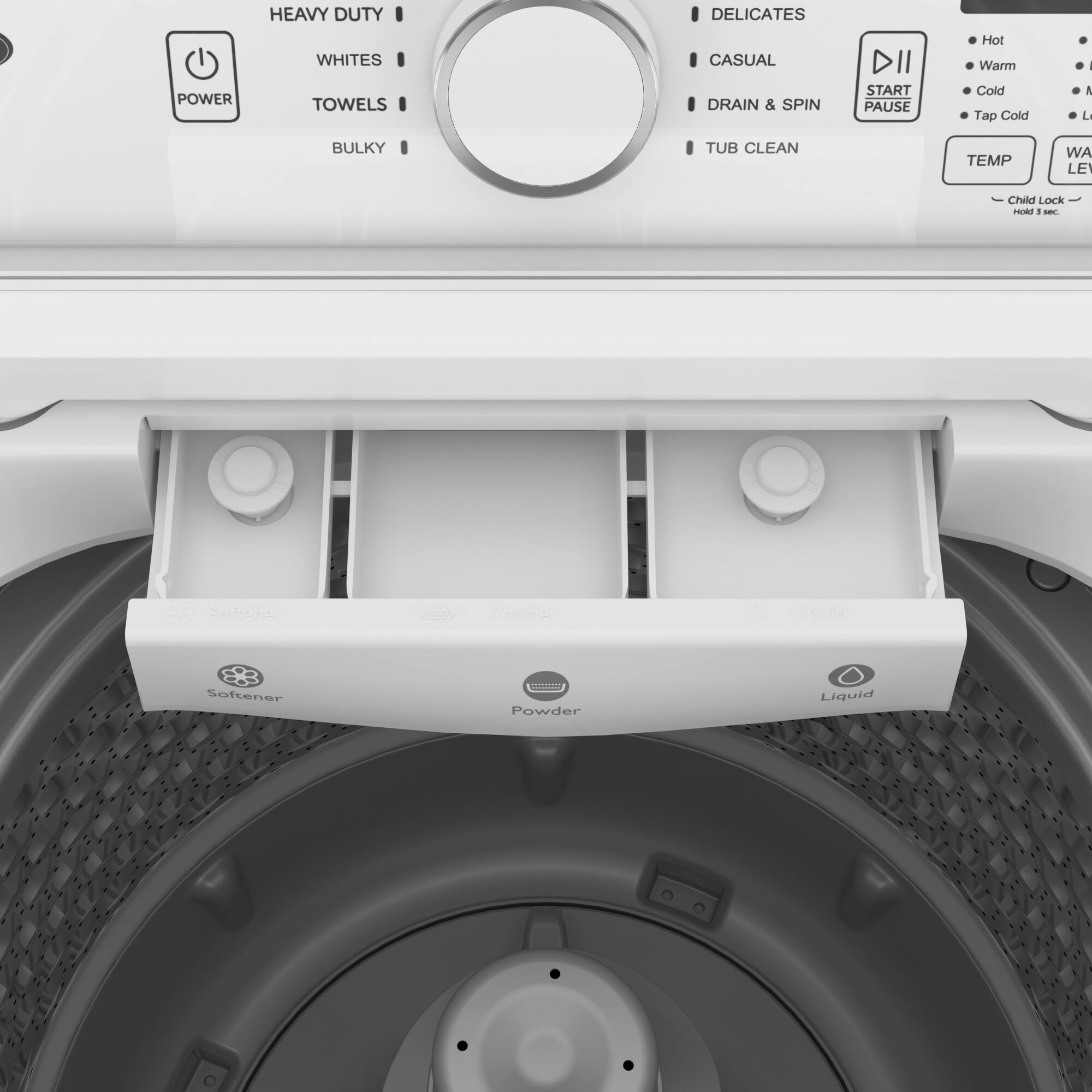 HEAVY DUTY  
WHITES  
TOWELS  
BULKY  

DELICATES  
CASUAL  
DRAIN & SPIN  
TUB CLEAN  

START PAUSE  

TEMP  
WATER LEVEL  

Child Lock  

Softener  
Powder  
Liquid