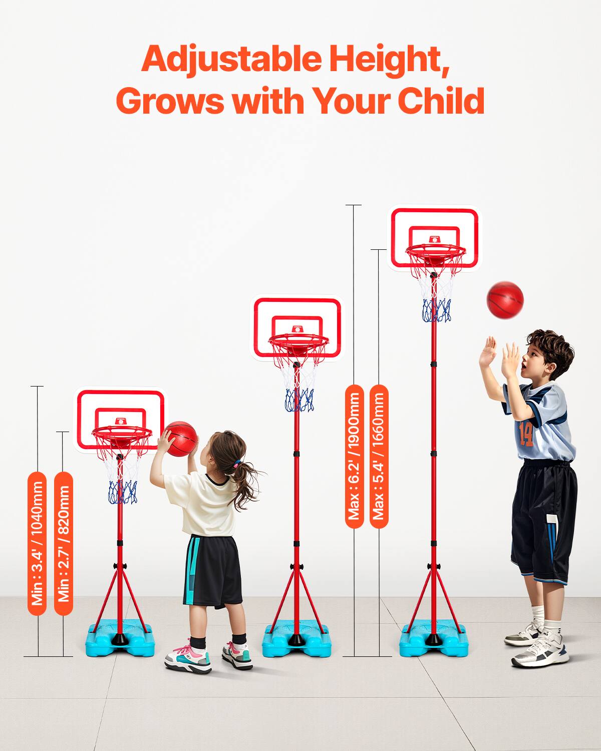 Adjustable Height, Grows with Your Child

Min: 3.4' / 1040mm  
Min: 2.7' / 820mm  
Max: 5.4' / 1660mm  
Max: 6.2' / 1900mm