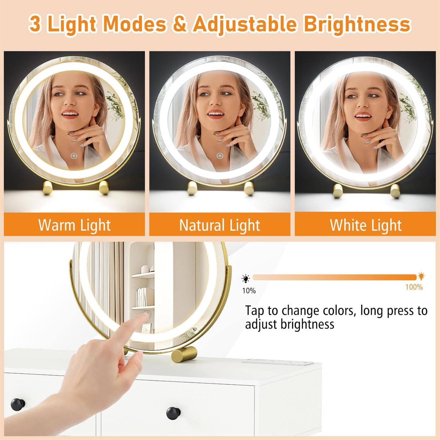 3 Light Modes & Adjustable Brightness

Warm Light | Natural Light | White Light

Tap to change colors, long press to adjust brightness

10% | 100%