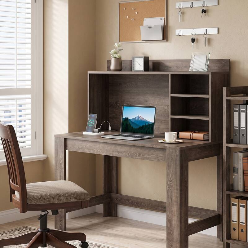 Angle. WELLFOR - 42.5" Computer Desk with Hutch & Power Outlets, Study Desk Writing Desk for Home Office - Oak.