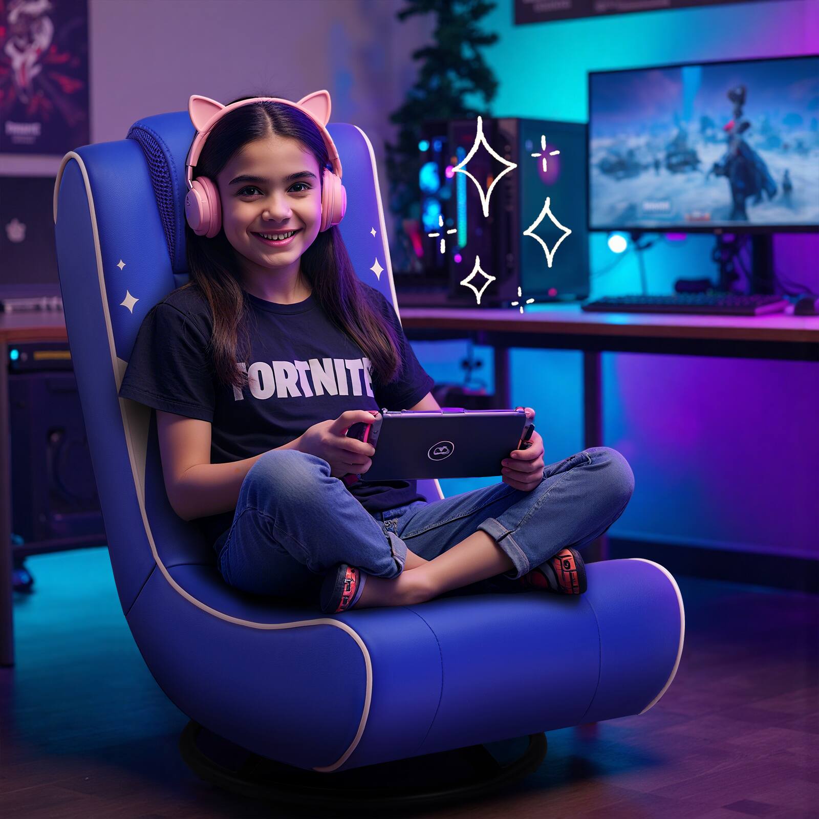 Alt View 1. GTPlayer - Floor Gaming Chair Foldable Swivel Floor Chairs 360° Multipurpose,Blue - Blue.