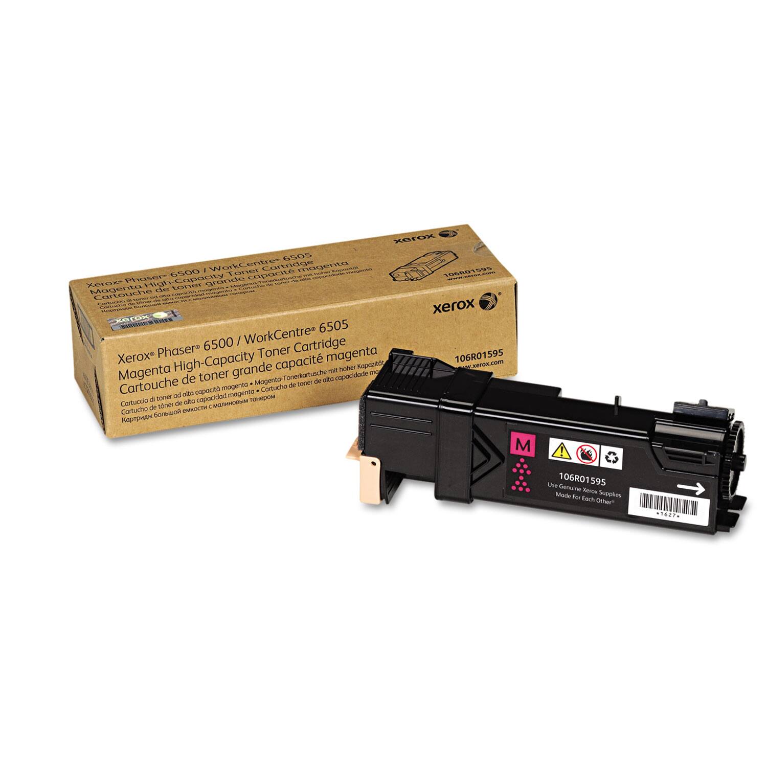 Xerox Phaser® 6500 / WorkCentre® 6505  
Magenta High-Capacity Toner Cartridge  
Cartouche de toner grande capacité magenta  
Cartucho de toner de alta capacidad magenta  
Cartouche de toner de grande capacité magenta  
Картридж для тонера большой емкости, магнитный  
Картридж для тонера большой емкости, магнитный  

106GR01595  
Use Genuine Xerox Supplies  
Made for Each Other  

M  
106GR01595  
xerox.com