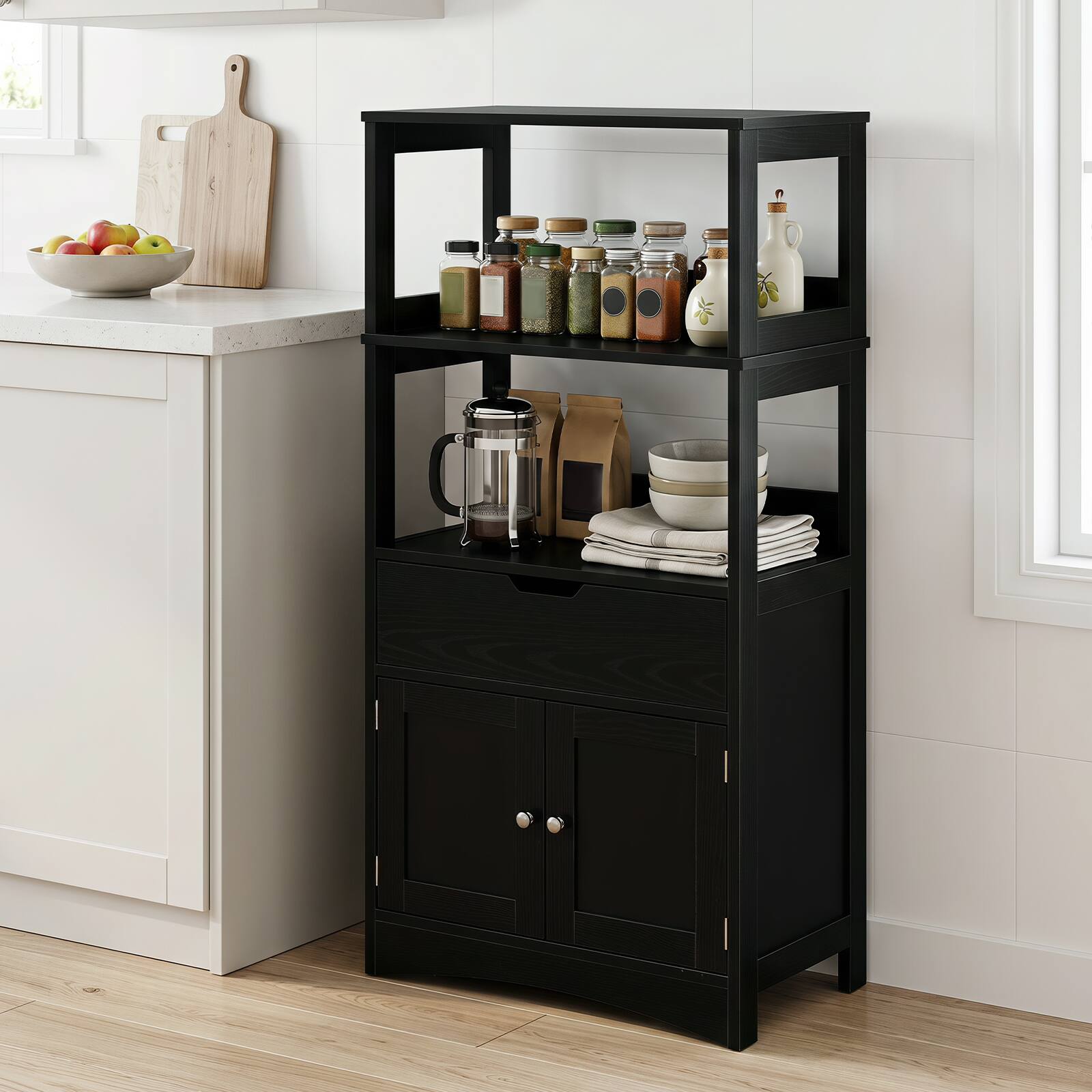 Alt View 4. Costway - Costway Bathroom Storage Cabinet with Open Shelves, Drawer & Doors for Bathroom, Laundry - Black.