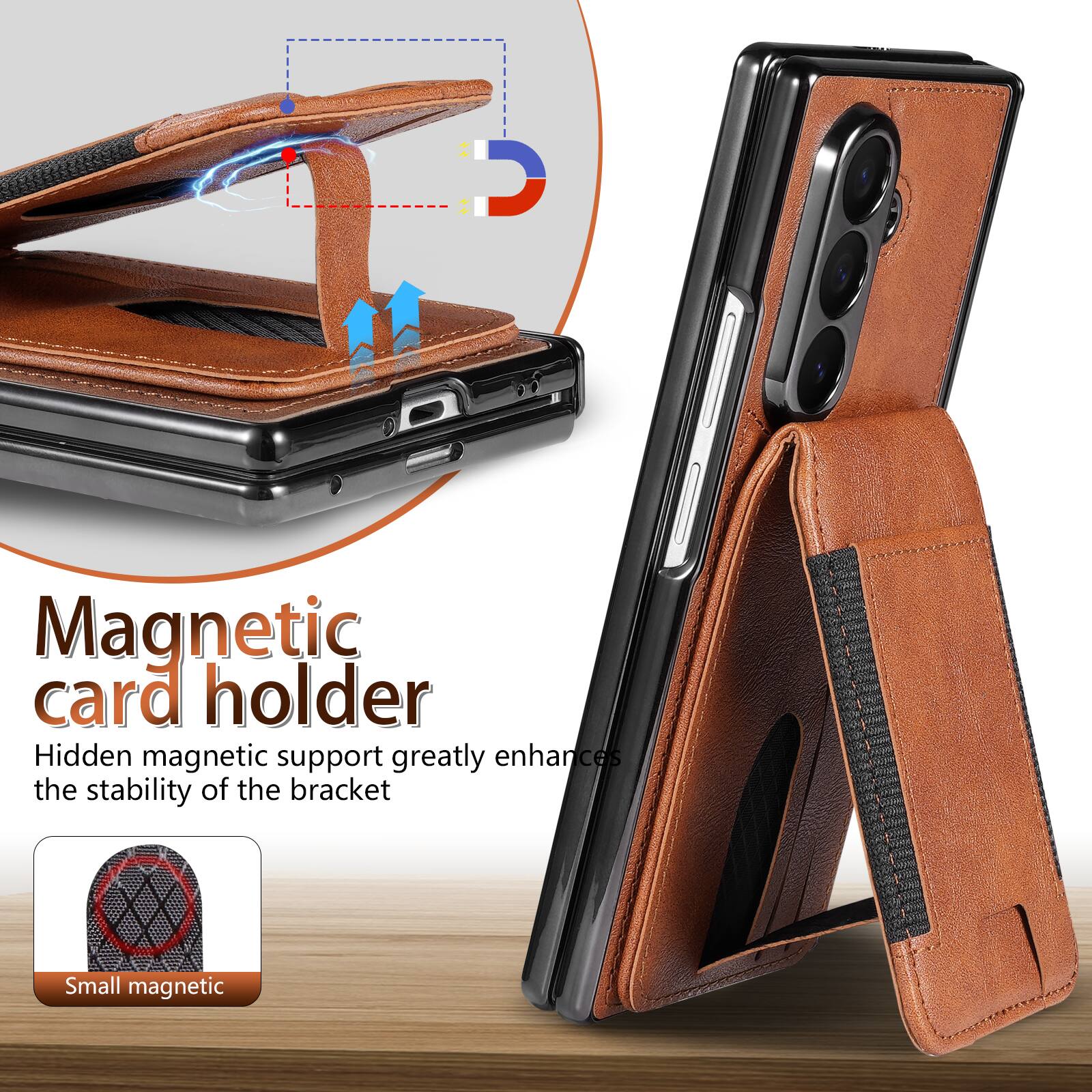 Magnetic card holder  
Hidden magnetic support greatly enhances the stability of the bracket  
Small magnetic