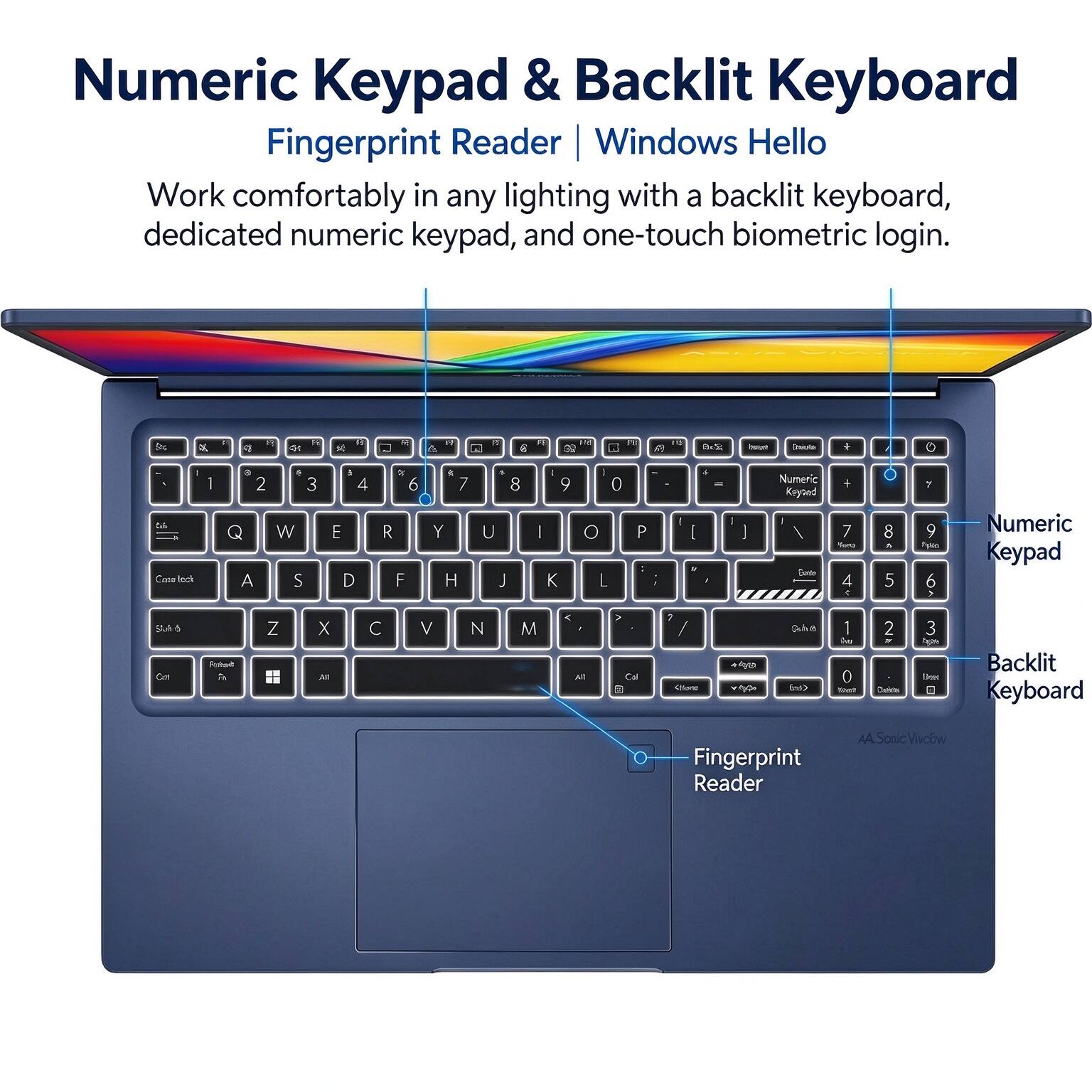 Numeric Keypad & Backlit Keyboard Fingerprint Reader Windows Hello

Work comfortably in any lighting with a backlit keyboard, dedicated numeric keypad, and one-touch biometric login.

Numeric Keypad
Backlit Keyboard
Fingerprint Reader
