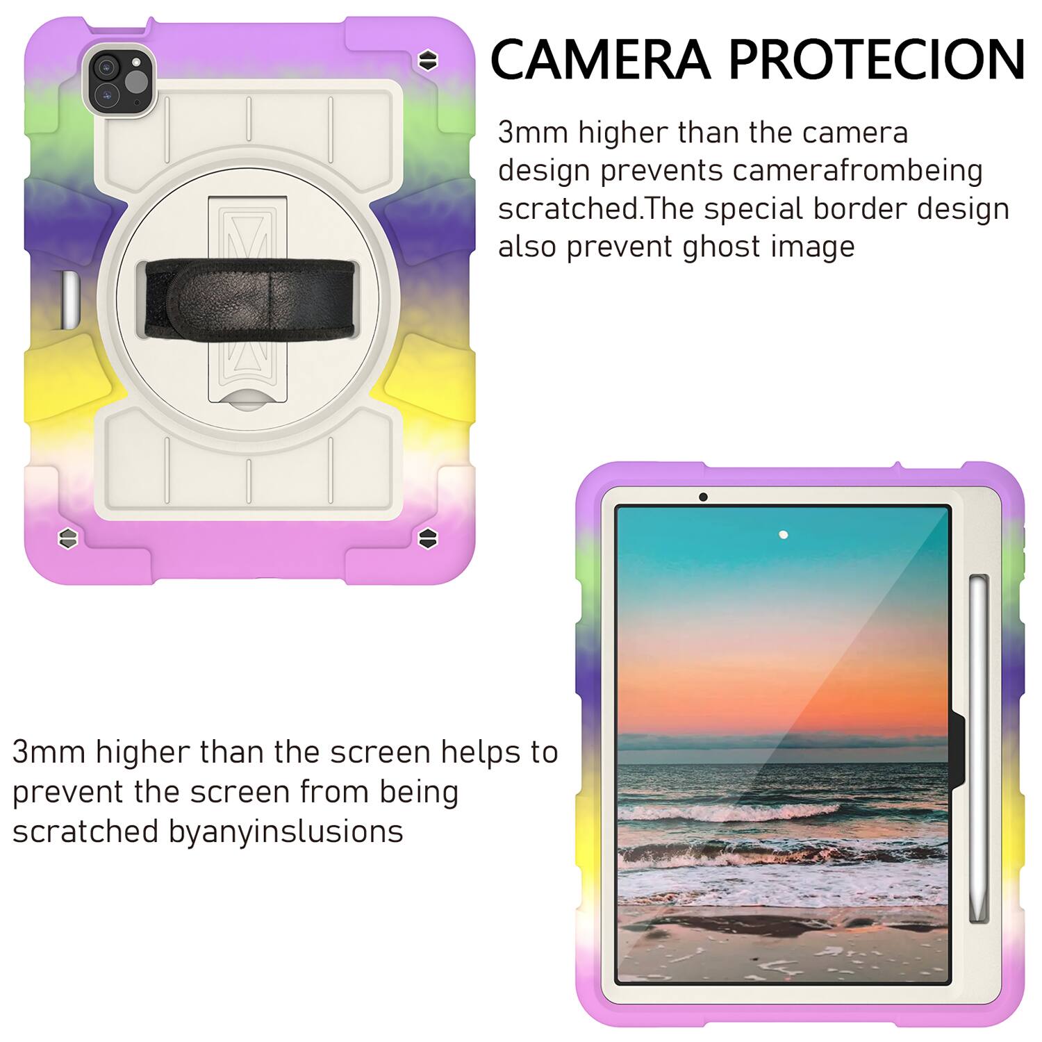 CAMERA PROTECION  
3mm higher than the camera design prevents camera from being scratched. The special border design also prevents ghost image.  

3mm higher than the screen helps to prevent the screen from being scratched by any inclusions.