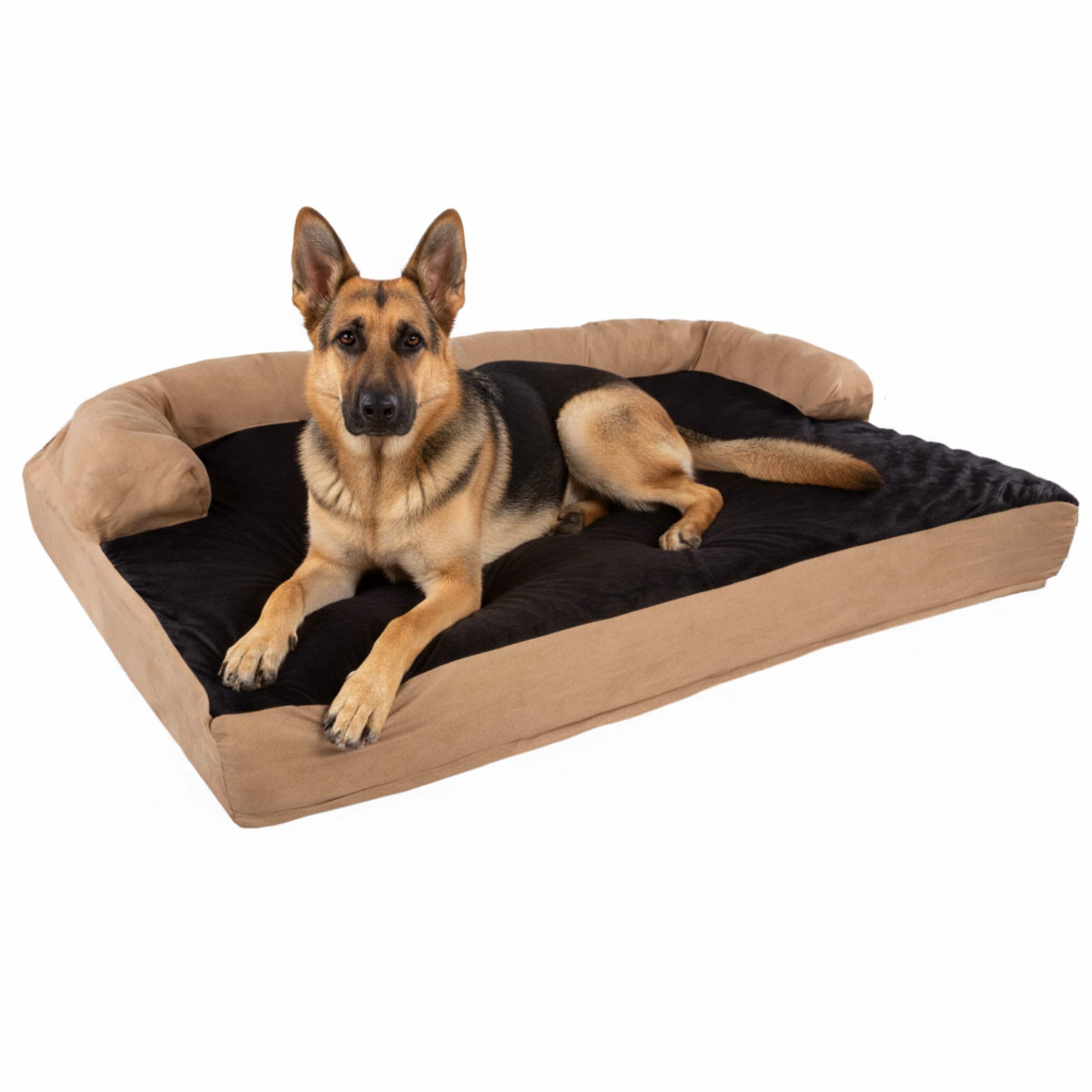 PetMaker - Extra-Large Dog Bed 45.5 x 32 Pet Bed 3-Layer Orthopedic Dog Sofa with Cooling Gel, Memory Foam and Neck Bolster - Tan/Black