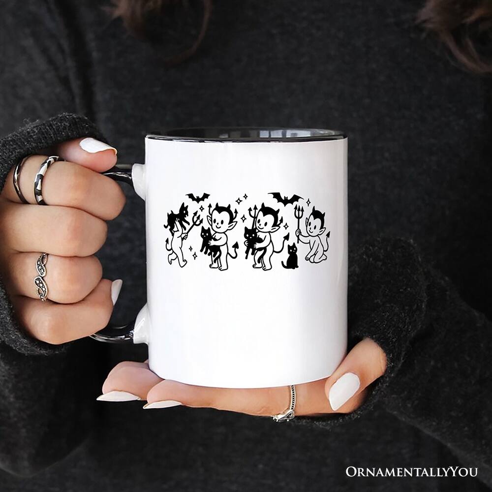 Left. OrnamentallyYou - Halloween Devils and Cats Mug, Spooky Season Gift - White.