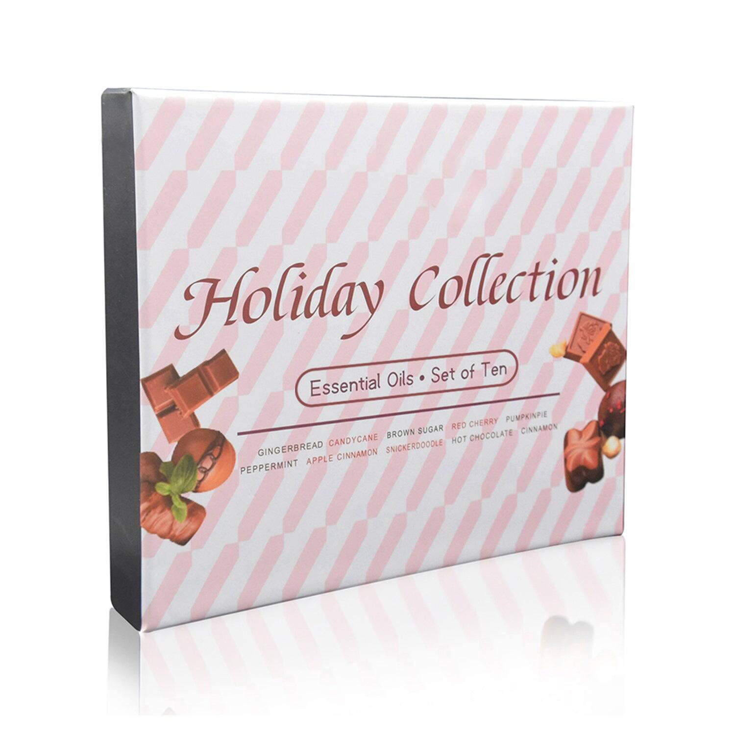 Holiday Collection Set of Ten Essential Oils:  
- Gingerbread  
- Candy Cane  
- Peppermint  
- Apple Cinnamon  
- Brown Sugar  
- Red Cherry  
- Pumpkin Pie  
- Snickerdoodle  
- Hot Chocolate  
- Cinnamon