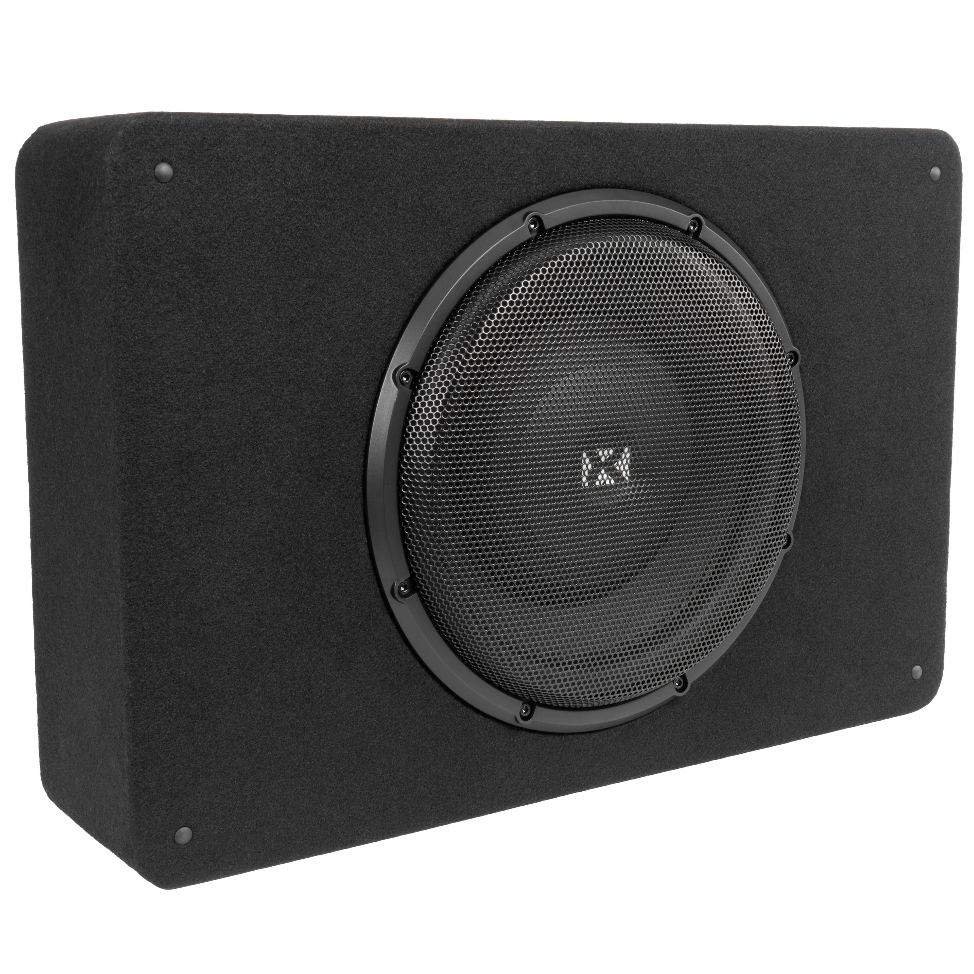 Left. NVX - BXSQ112 1200W Peak (600W RMS) Sealed 2-Ohm Loaded Enclosure with Single 12in S-Series Shallow-Mount Subwoofer.