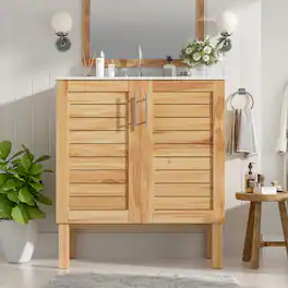 Loheer - 2.5 ft Antique Bathroom Vanity with Ceramic Sink and Soft Close Cabinet - Antique Natural,Brown