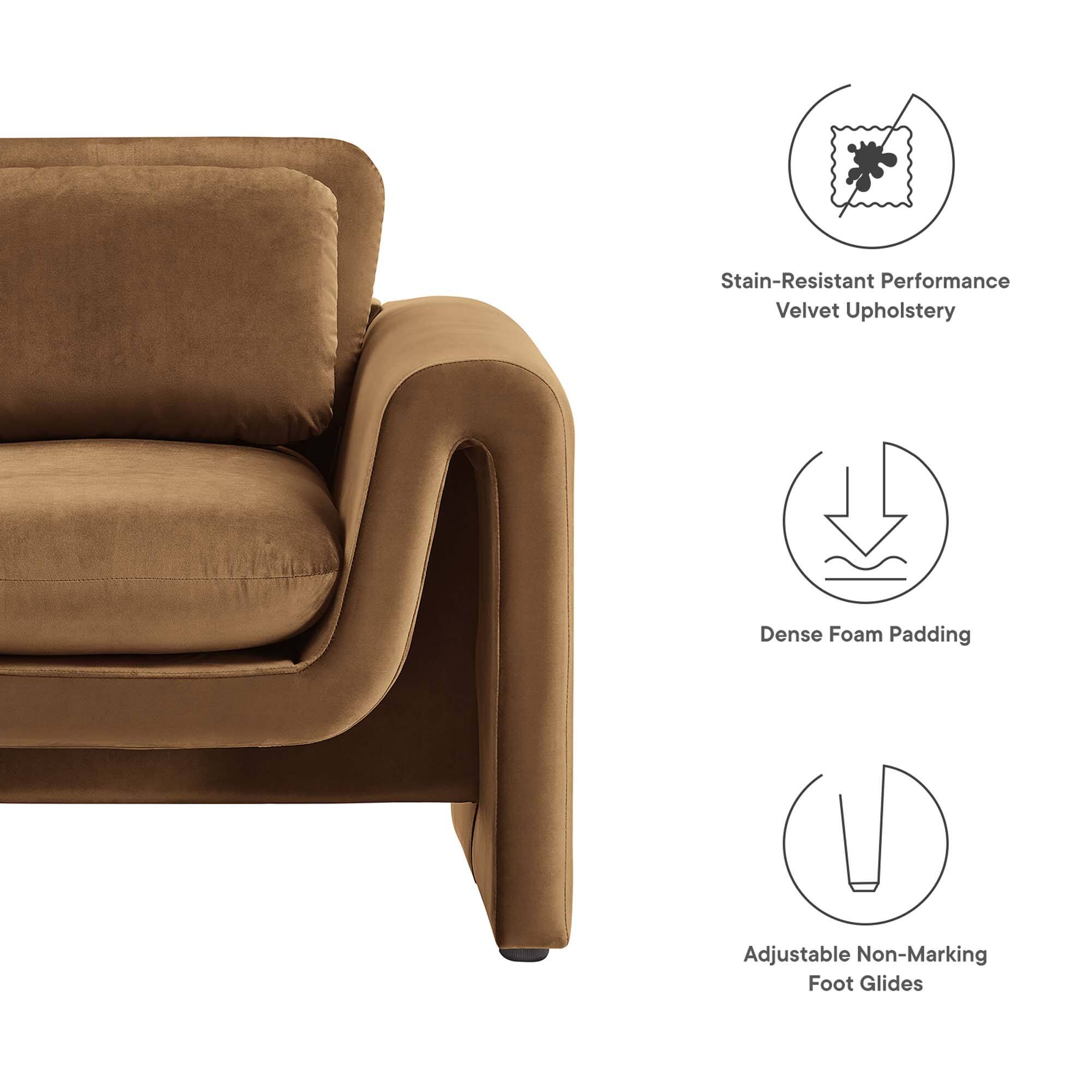 - Stain-Resistant Performance Velvet Upholstery
- Dense Foam Padding
- Adjustable Non-Marking Foot Glides