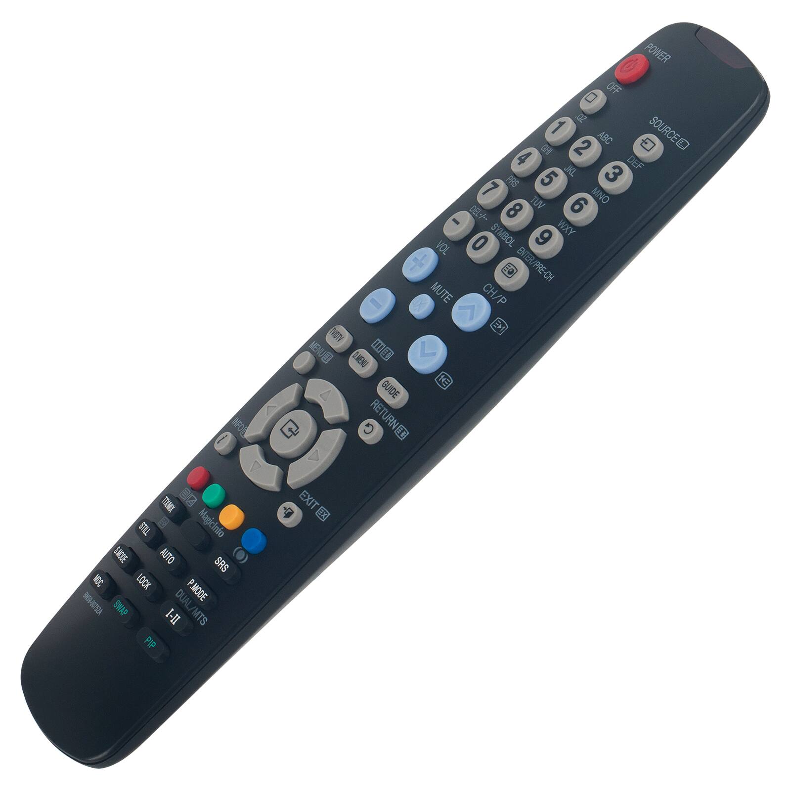 INFOR i POWER OFF OZ 1 SOURCEED ABC 4 C 2 JKL DEF PRS 5 3 7 MNO 8 TUV 6 - DEL- SYMBOL 9 WXY VOL 0 -1 e. ENTER/PRE-CH - MUTE CH/P x 7 EI TCTV MENE OMENU 1E GUIDE RETURNED M TME TIUS Magiclndio B0OWS AUTIO SRS NOC LOCK DUAL PMODE V2SU69 SNAP DUAL/MTS I-II MTS d EXIT