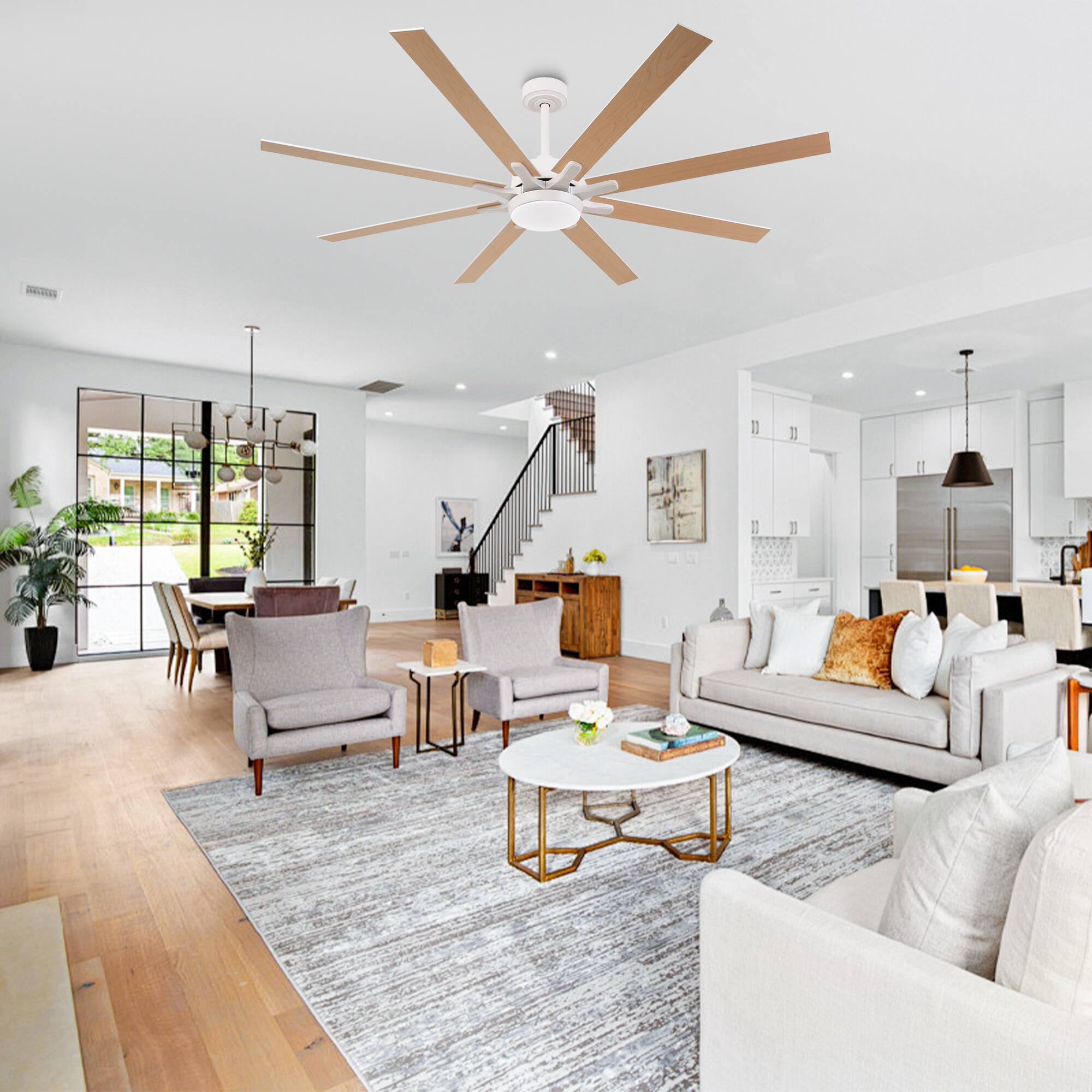 Angle. Parrot Uncle - 65-Inch Modern Reversible Dimmable Large Ceiling Fan with Light and Remote - White.