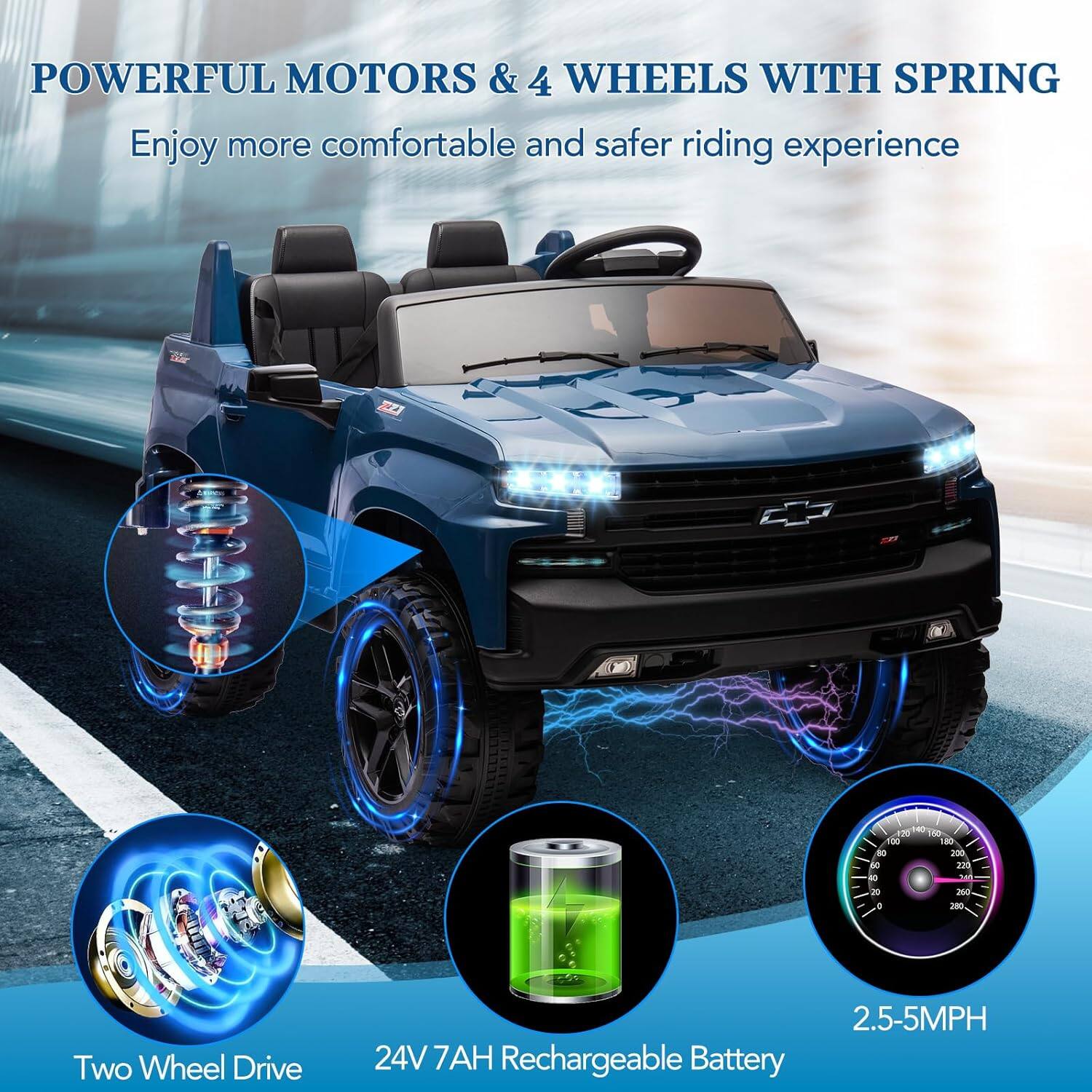 POWERFUL MOTORS & 4 WHEELS WITH SPRING  
Enjoy more comfortable and safer riding experience  

- Two Wheel Drive  
- 24V 7AH Rechargeable Battery  
- 2.5-5MPH