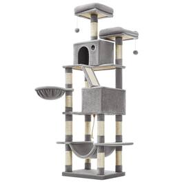 Songmics Home - Cat Tree, 80.1-Inch Large Cat Tower Condo with 13 Scratching Posts, 2 Perches, 2 Caves, Basket, Hammock, Pompoms - Light Gray