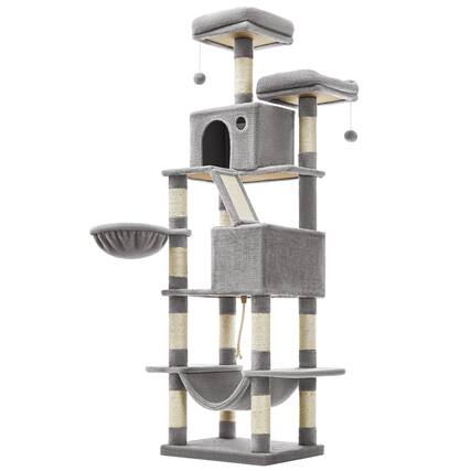 Front. Songmics Home - Cat Tree, 80.1-Inch Large Cat Tower Condo with 13 Scratching Posts, 2 Perches, 2 Caves, Basket, Hammock, Pompoms - Light Gray.
