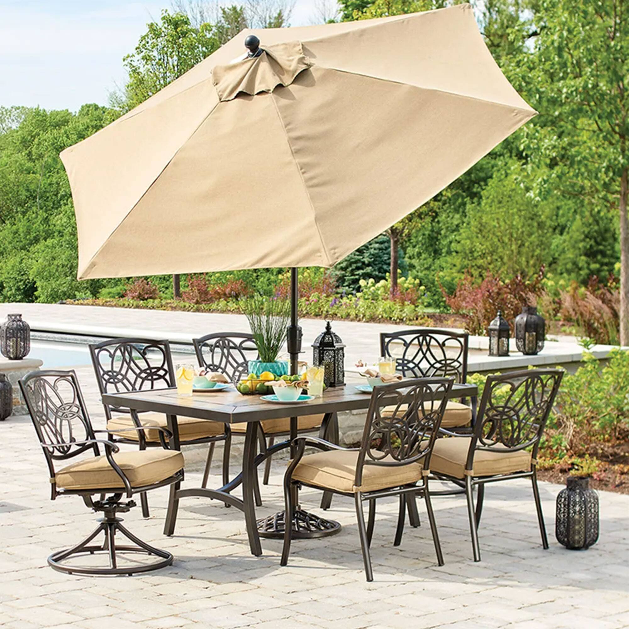 Alt View 1. Four Seasons Courtyard - Four Seasons Courtyard 9 Foot Cambridge Market Umbrella with Push Button Tilt - Beige/Bronze.