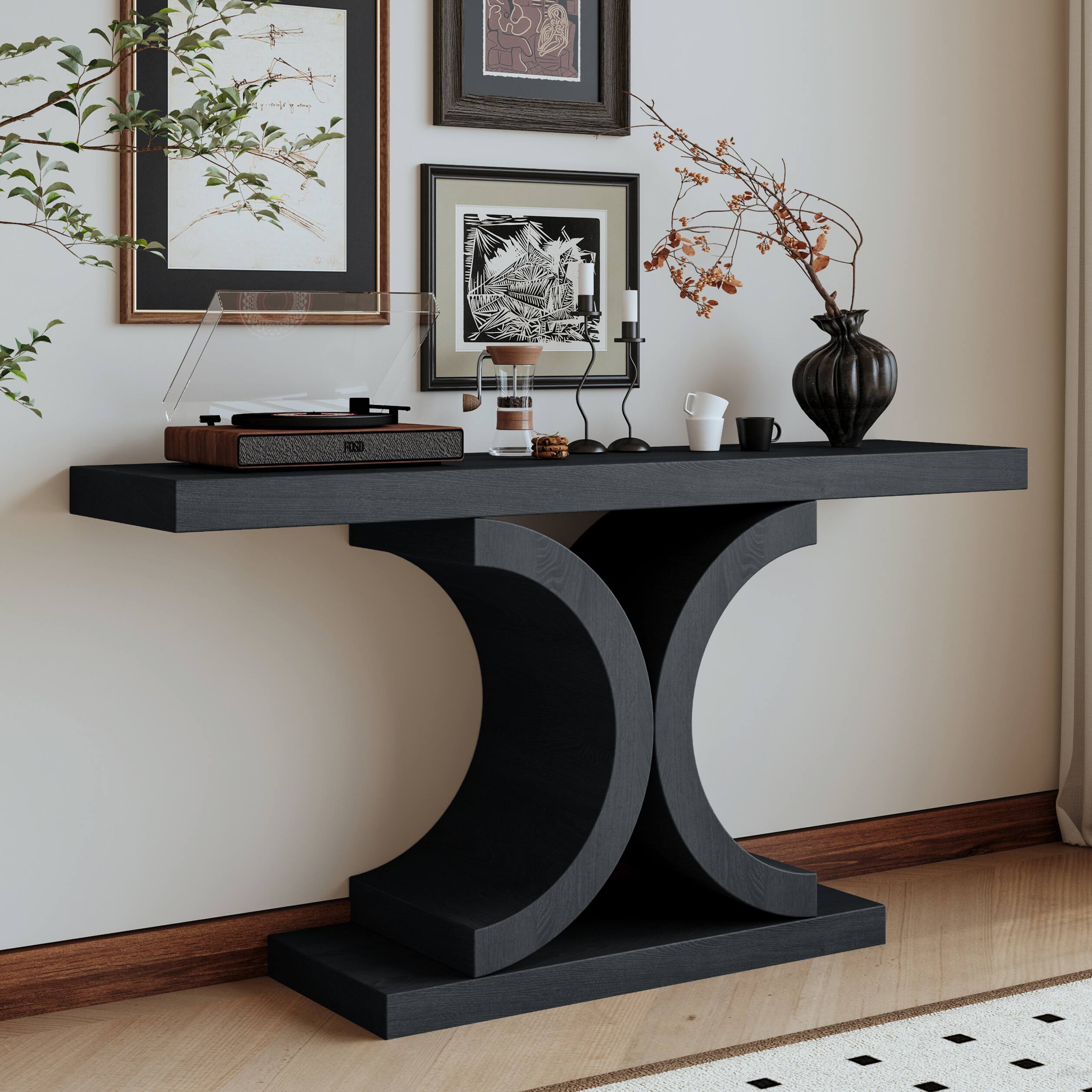 Alt View 2. Loheer - Loheer Black Console Table, 60 Inch Modern Narrow Sofa Table with Sculptural Curved Base, Black Oak Entryway Table - Black.