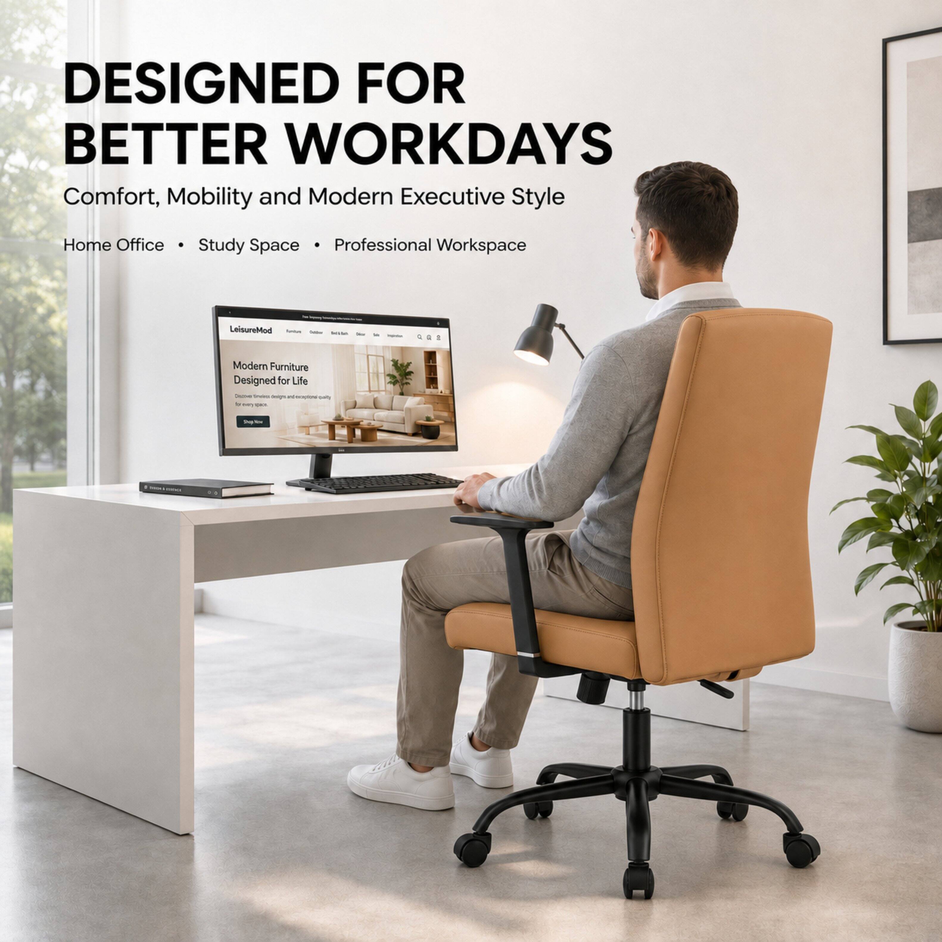 LeisureMod Evander Ergonomic Leather Office Chair, Aluminum Frame ...
