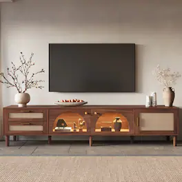 MERAVOM - 86 Inch TV Stand for TVs up to 90", Entertainment Center with LED Lights, 2 Drawers & Glass Door Storage for Living Room - Dark Brown