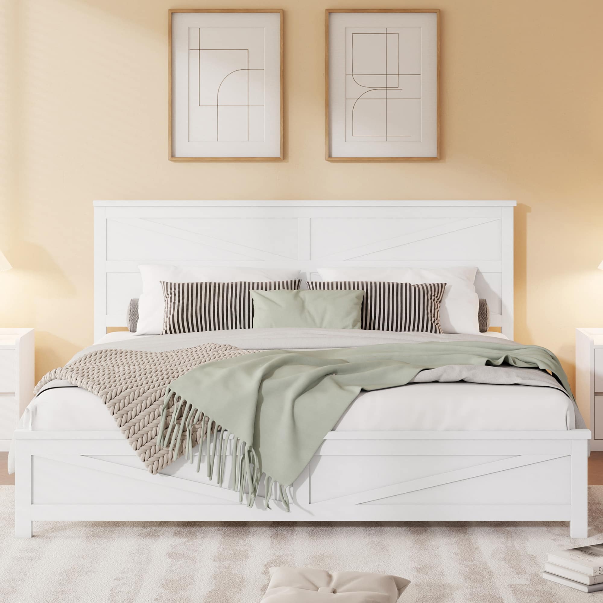 Whisen - Farmhouse Platform Bed with Barn Door Designed Headboard and Footboard - White