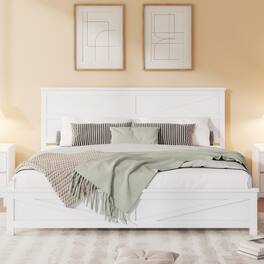 Whisen - Farmhouse Platform Bed with Barn Door Designed Headboard and Footboard - White