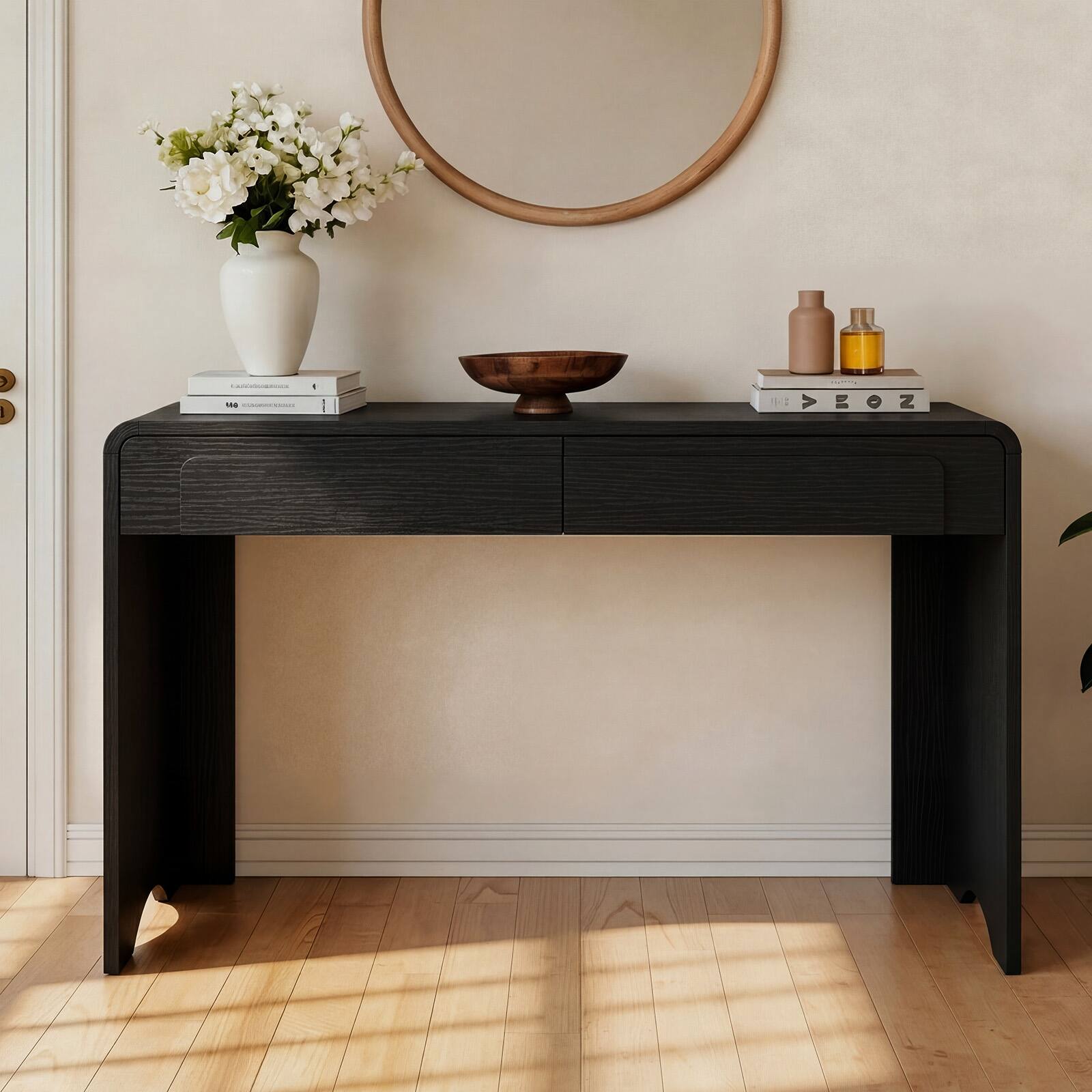 Alt View 4. Bestier - 47 Inch Modern Writing Desk with Arched Fluted & 2 Large Storage Drawers - Black Grained.