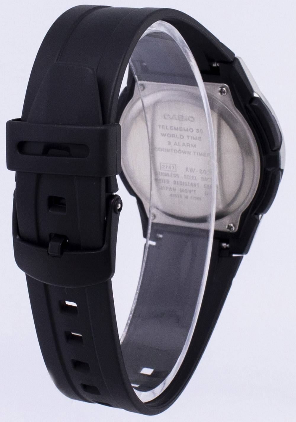 CASIO  
TELEMEMO 30  
WORLD TIME  
3 ALARM  
COUNTDOWN TIMER  
[2747]  
AW-80  
STAINLESS STEEL BACK  
REGISTANT SELF MOV'T