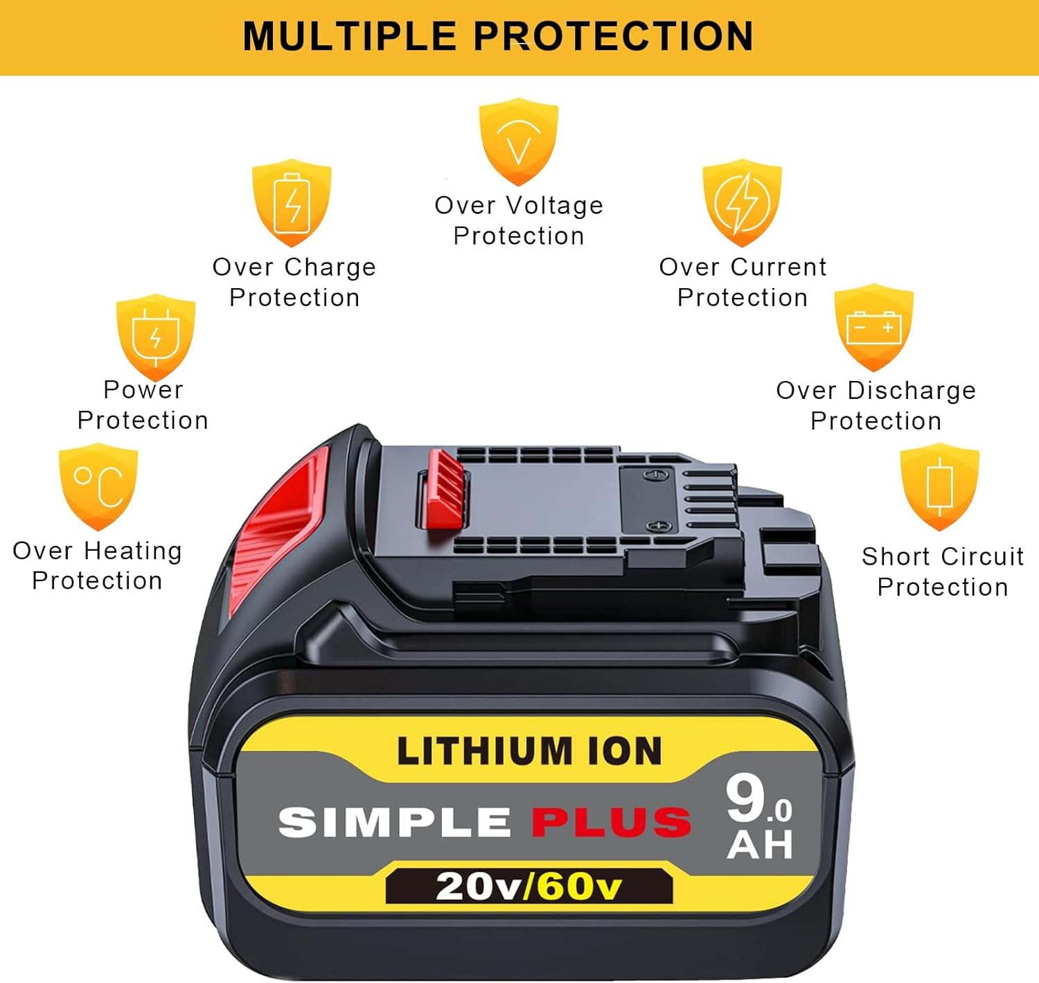 MULTIPLE PROTECTION  
- Over Charge Protection  
- Over Voltage Protection  
- Over Current Protection  
- Power Protection  
- Over Discharge Protection  
- Over Heating Protection  
- Short Circuit Protection  

LITHIUM ION  
SIMPLE PLUS  
9.0 AH  
20v/60v