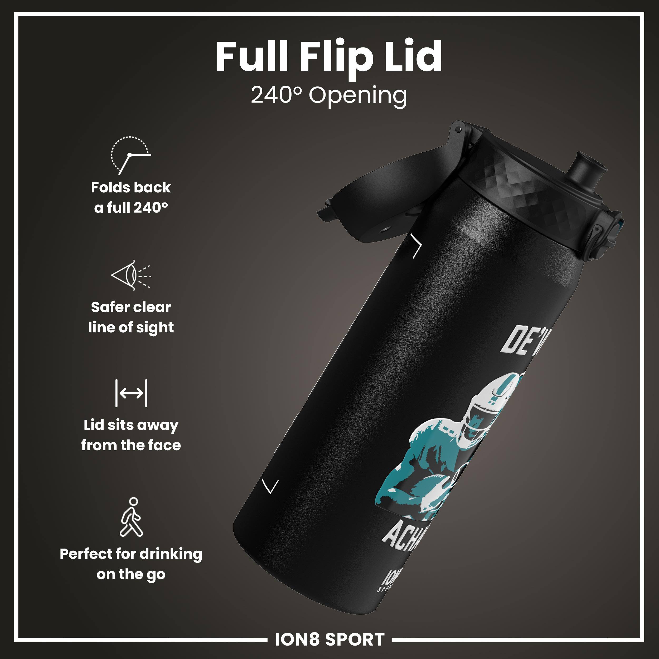 Full Flip Lid  
240° Opening  

- Folds back a full 240°  
- Safer clear line of sight  
- Lid sits away from the face  
- Perfect for drinking on the go  

ION8 SPORT